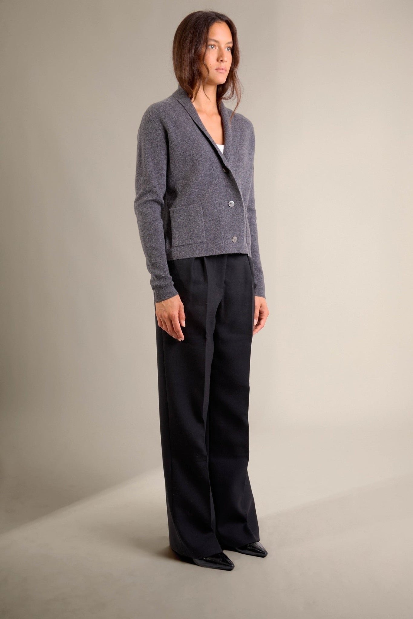 lumiviel veste boutonnée col châle anthracite chiné 100% cachemire