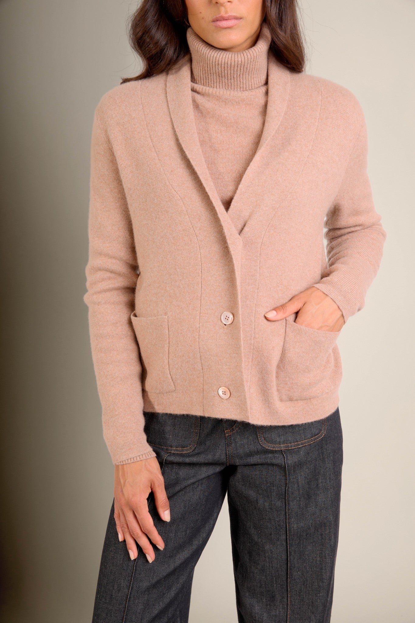 lumiviel veste boutonnée col châle camel chiné 100% cachemire