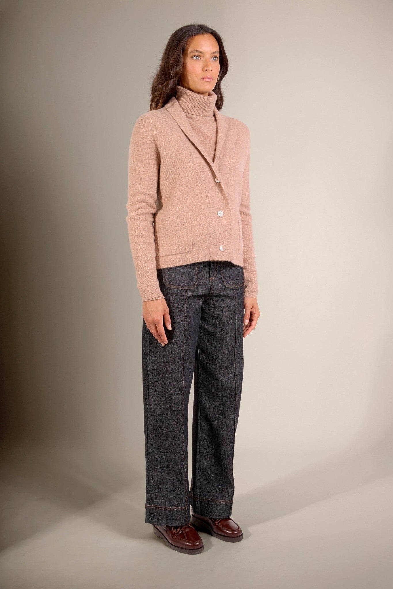 lumiviel veste boutonnée col châle camel chiné 100% cachemire