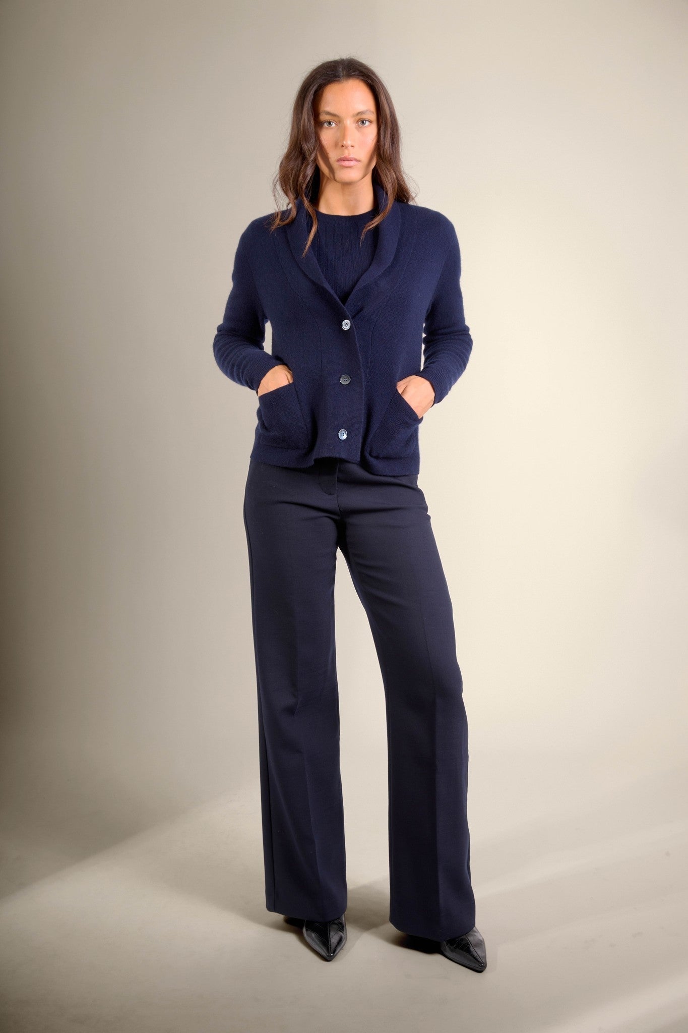 lumiviel veste boutonnée col châle navy 100% cachemire