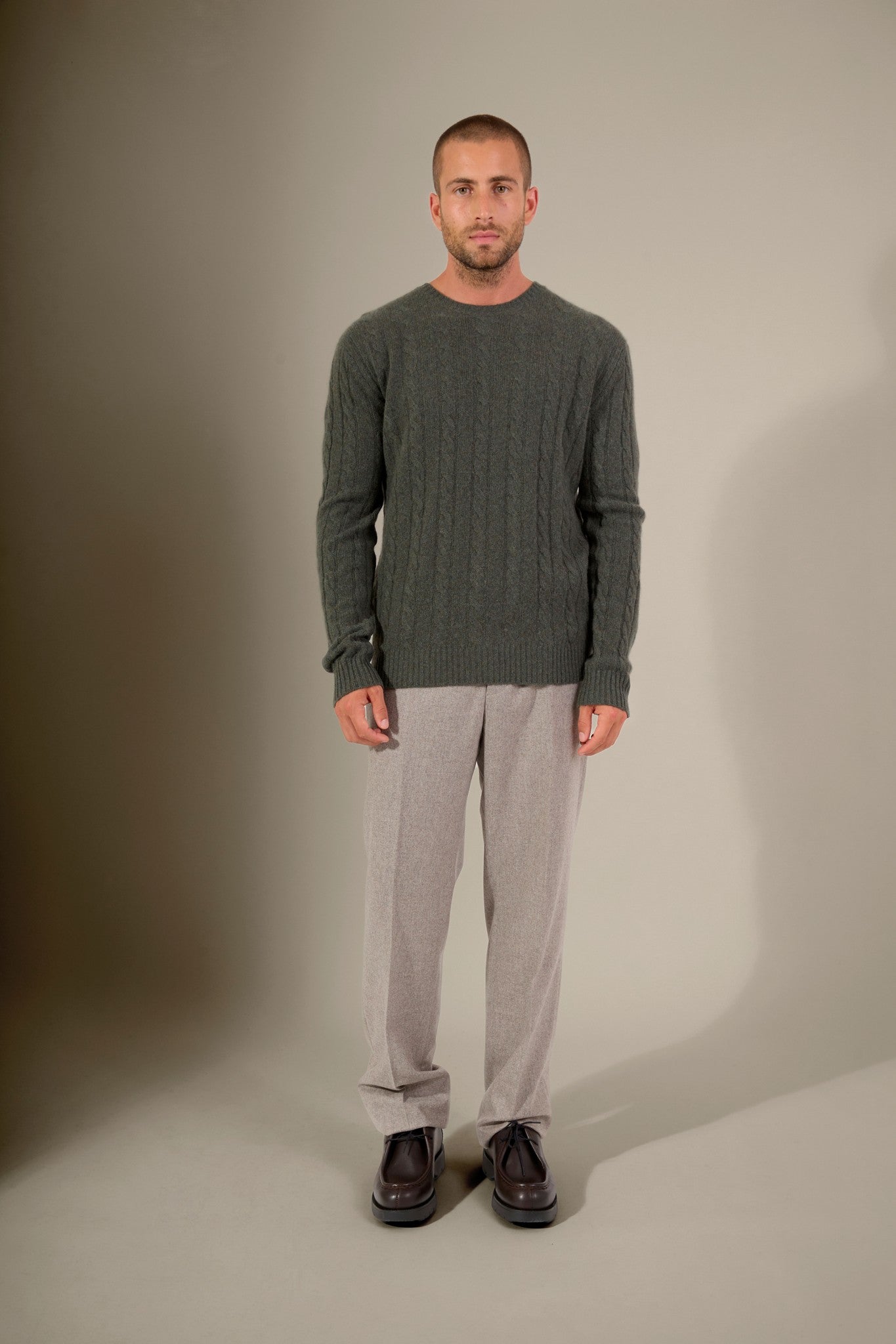 lunario pull col rond 4 fils kaki chiné 100% cachemire