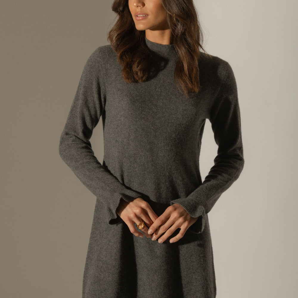 lyamia robe col montant volants poignets anthracite chiné 100% cachemire