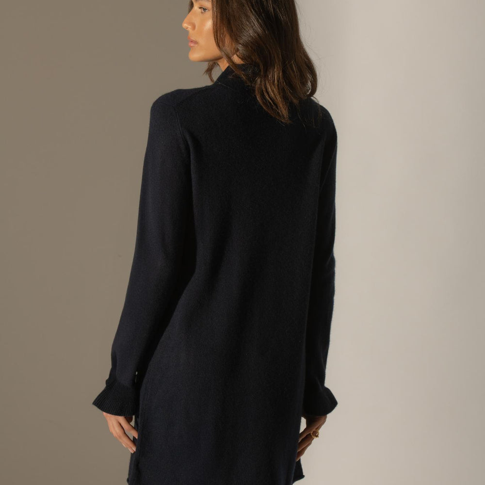 LYAMIA robe col montant volants poignets navy 100% cachemire
