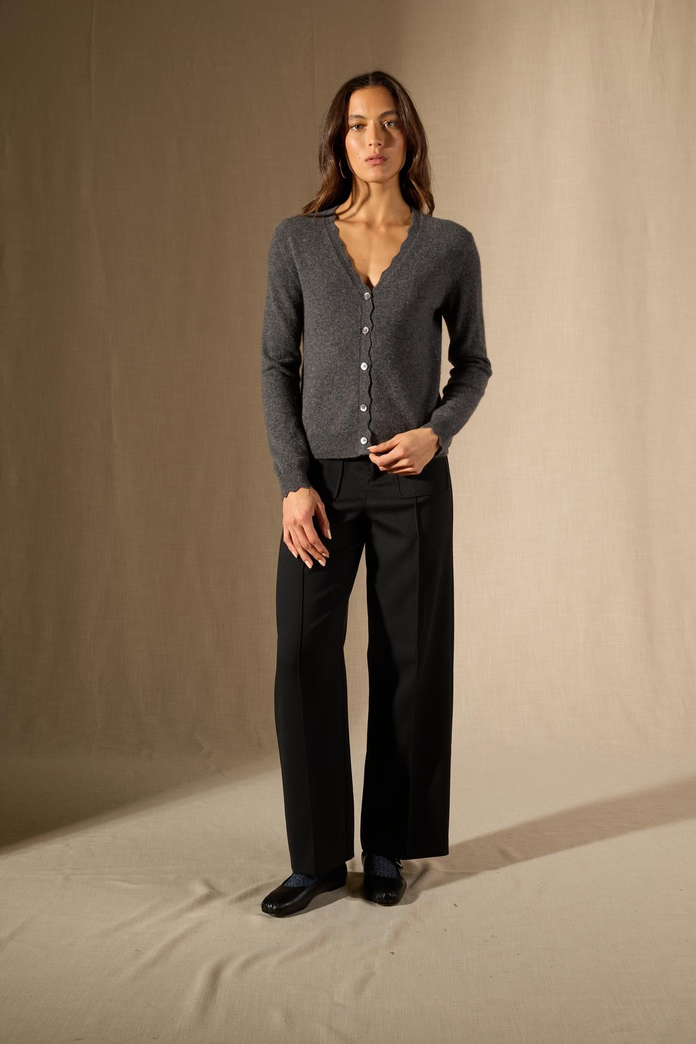 Leora cardigan col v anthracite chiné 100% cachemire