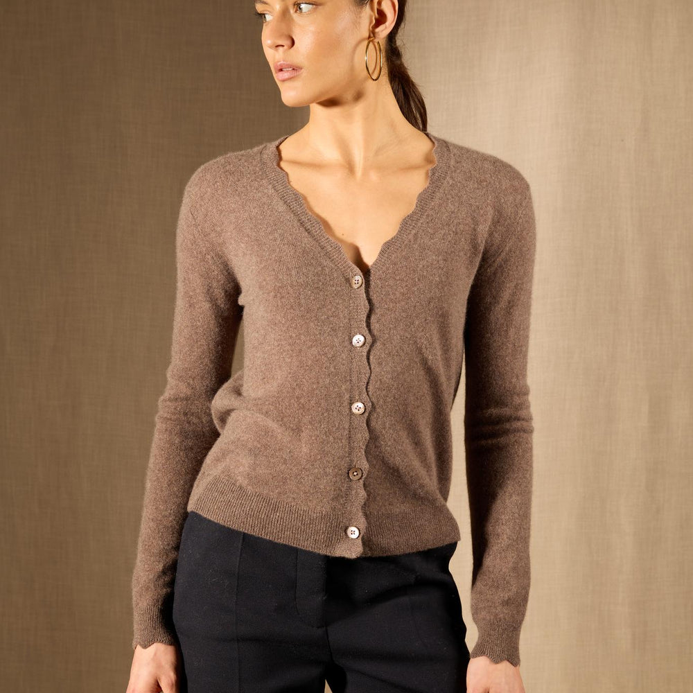 Leora cardigan col v taupe chiné 100% cachemire
