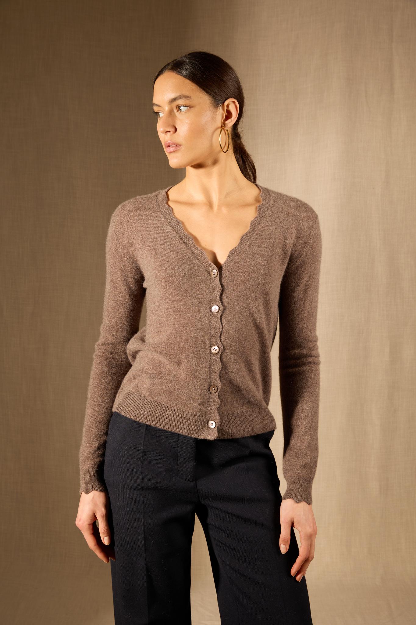 Leora cardigan col v taupe chiné 100% cachemire