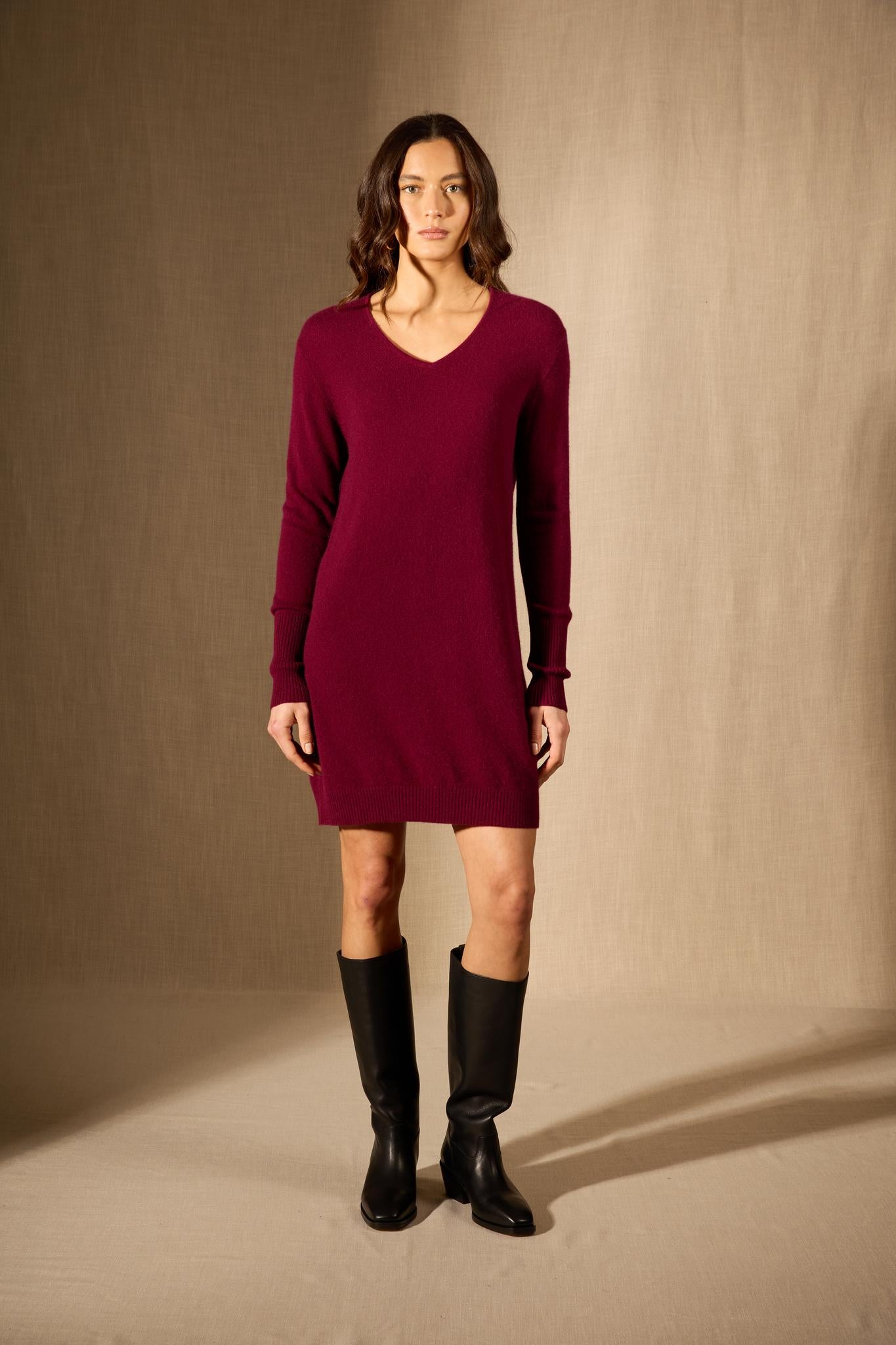 Levana robe col v bordeaux 100% cachemire