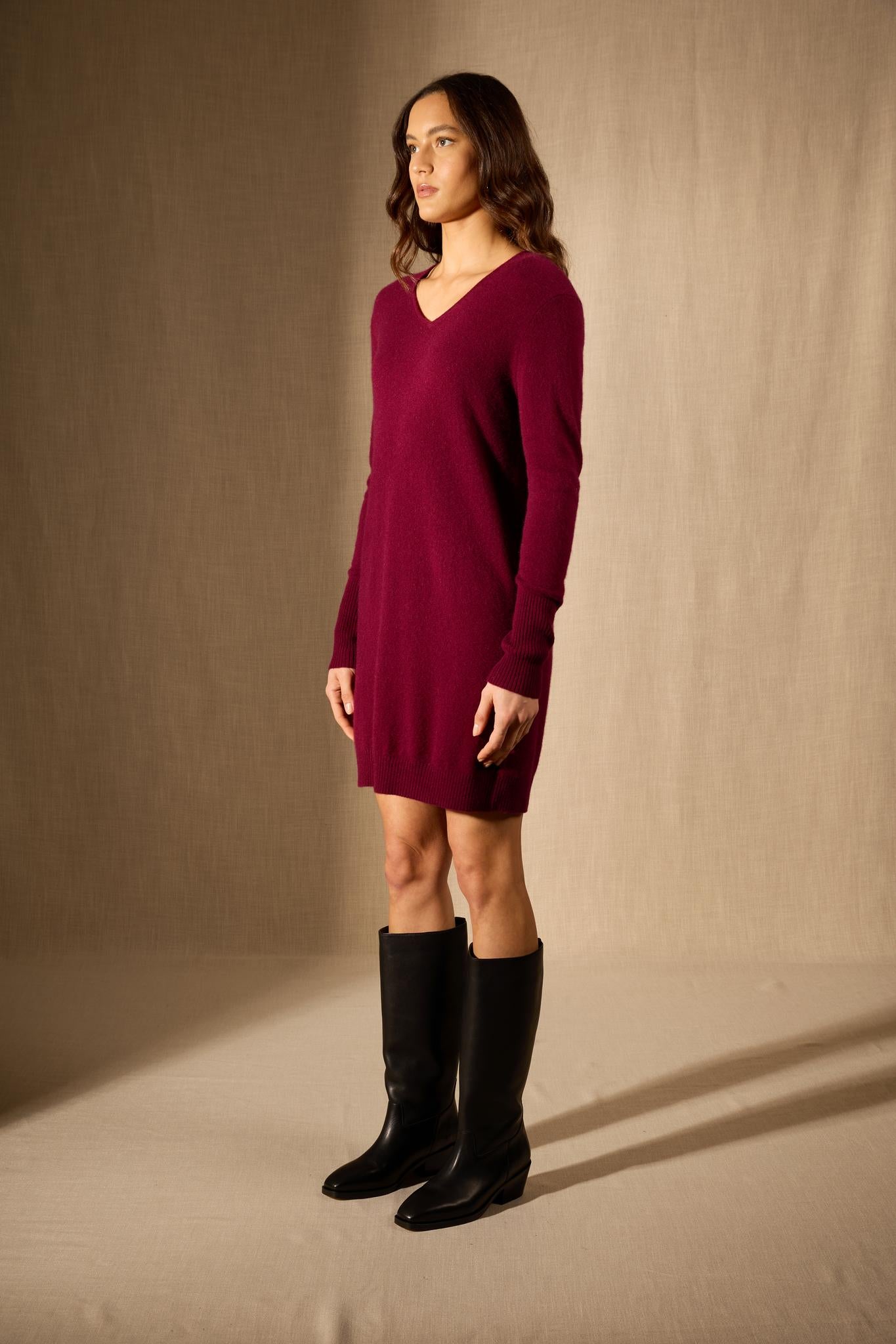 Levana robe col v bordeaux 100% cachemire