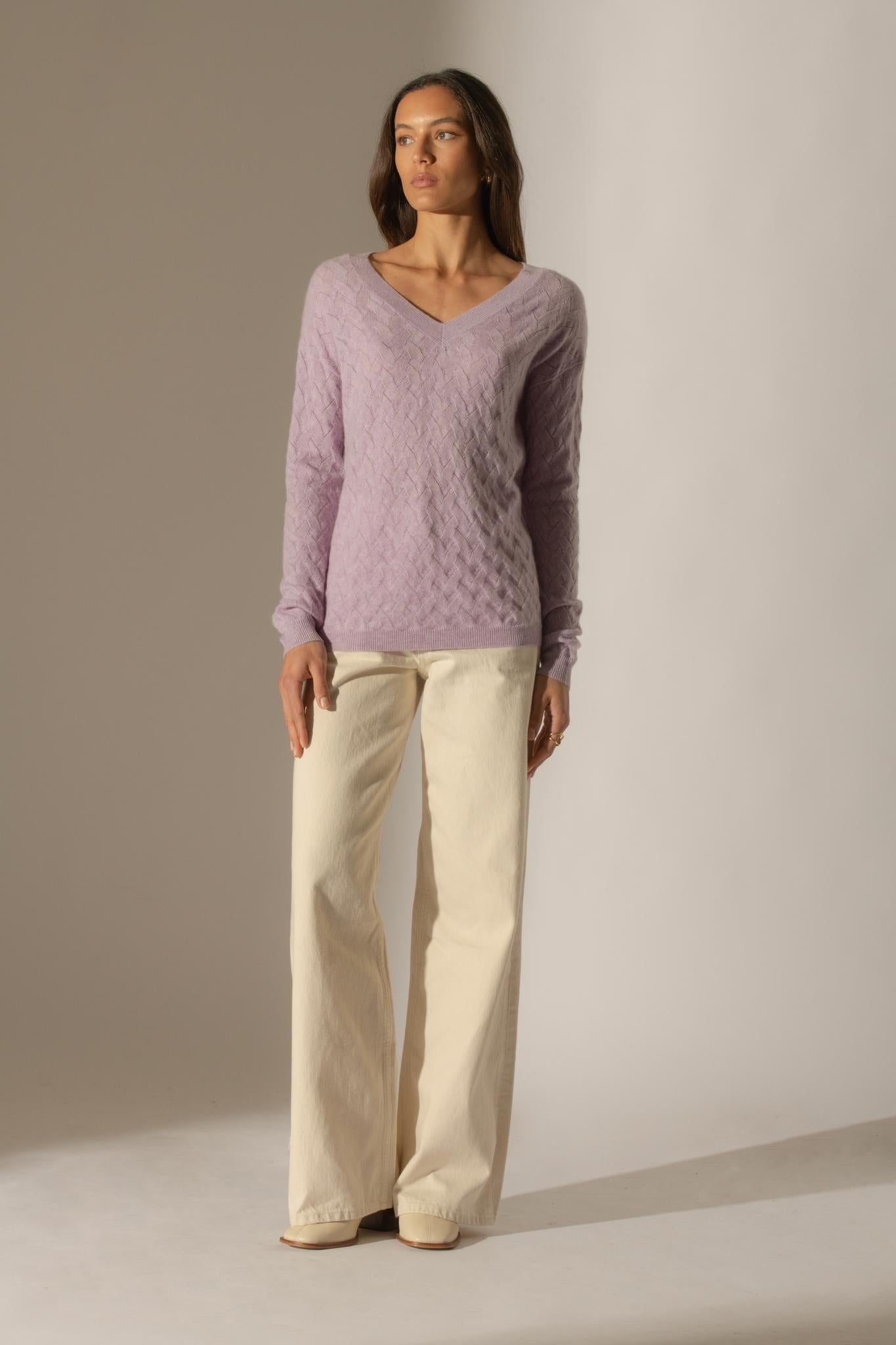 MADISON pull col v mauve chiné 100% cachemire