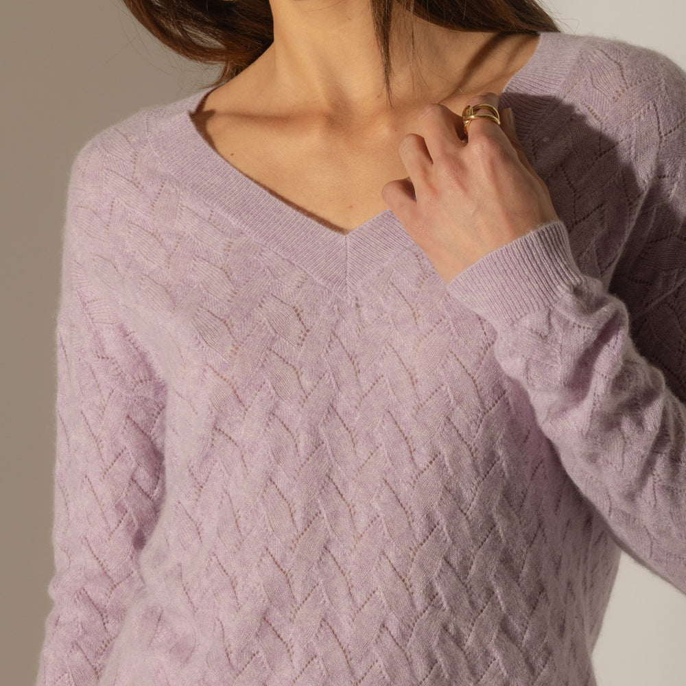 madison pull col v mauve chiné 100% cachemire