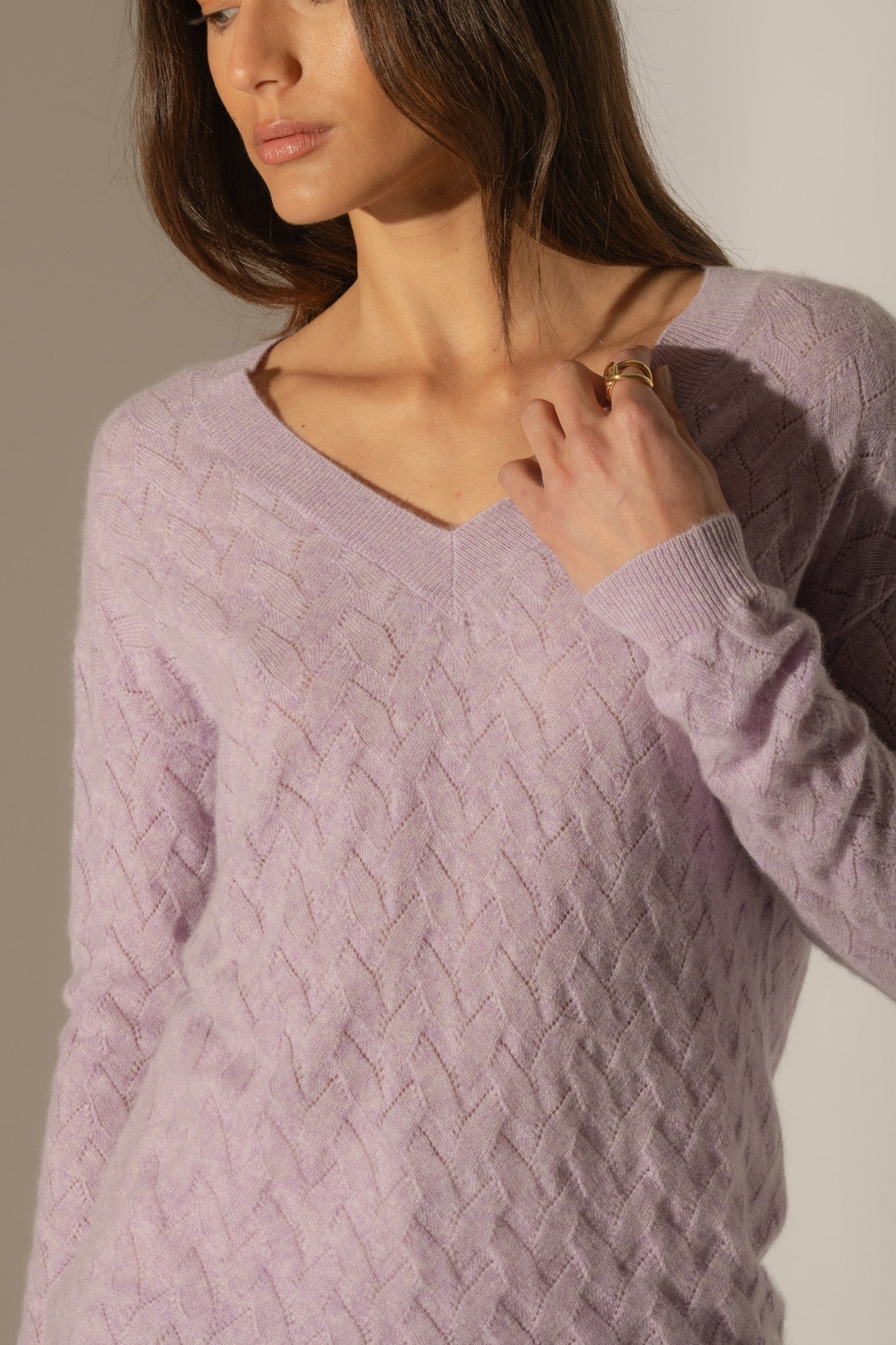 madison pull col v mauve chiné 100% cachemire