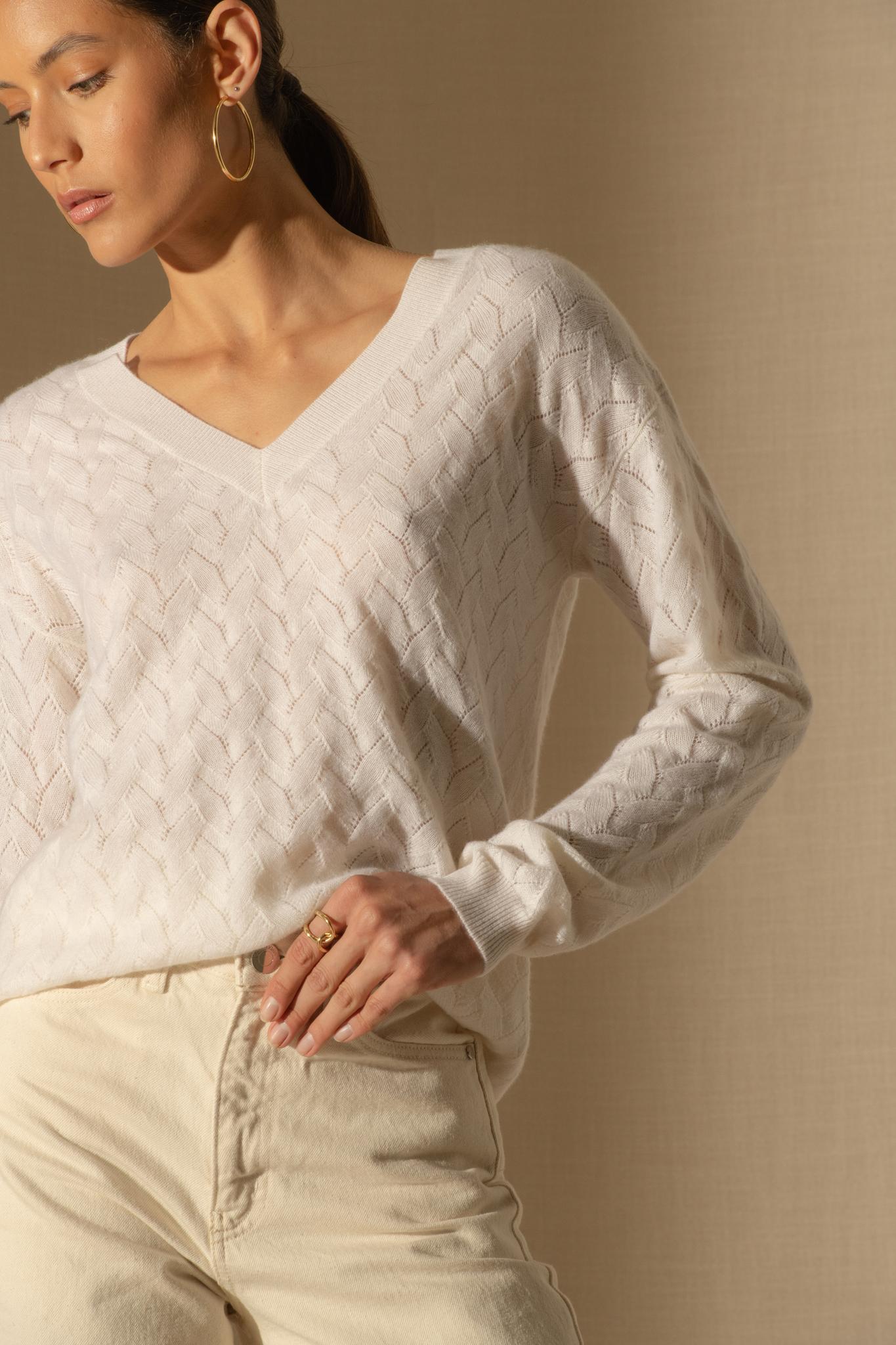 MADISON pull col v neige 100% cachemire