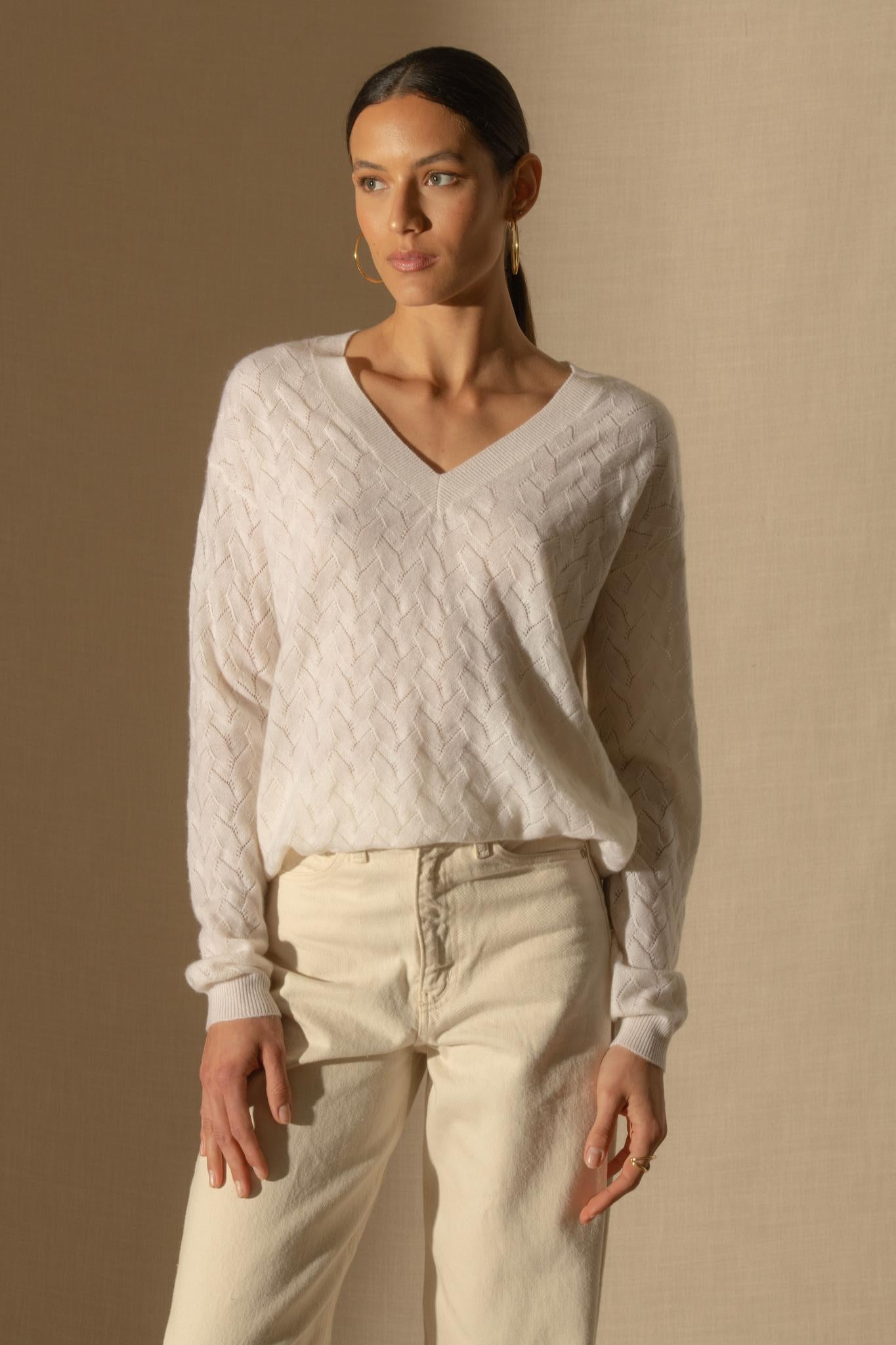 MADISON pull col v neige 100% cachemire