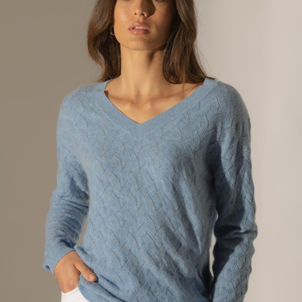 MADISON pull col v sky 100% cachemire
