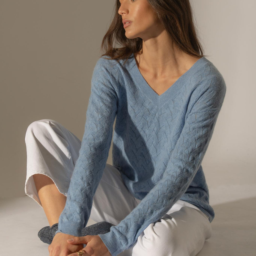 MADISON pull col v sky 100% cachemire