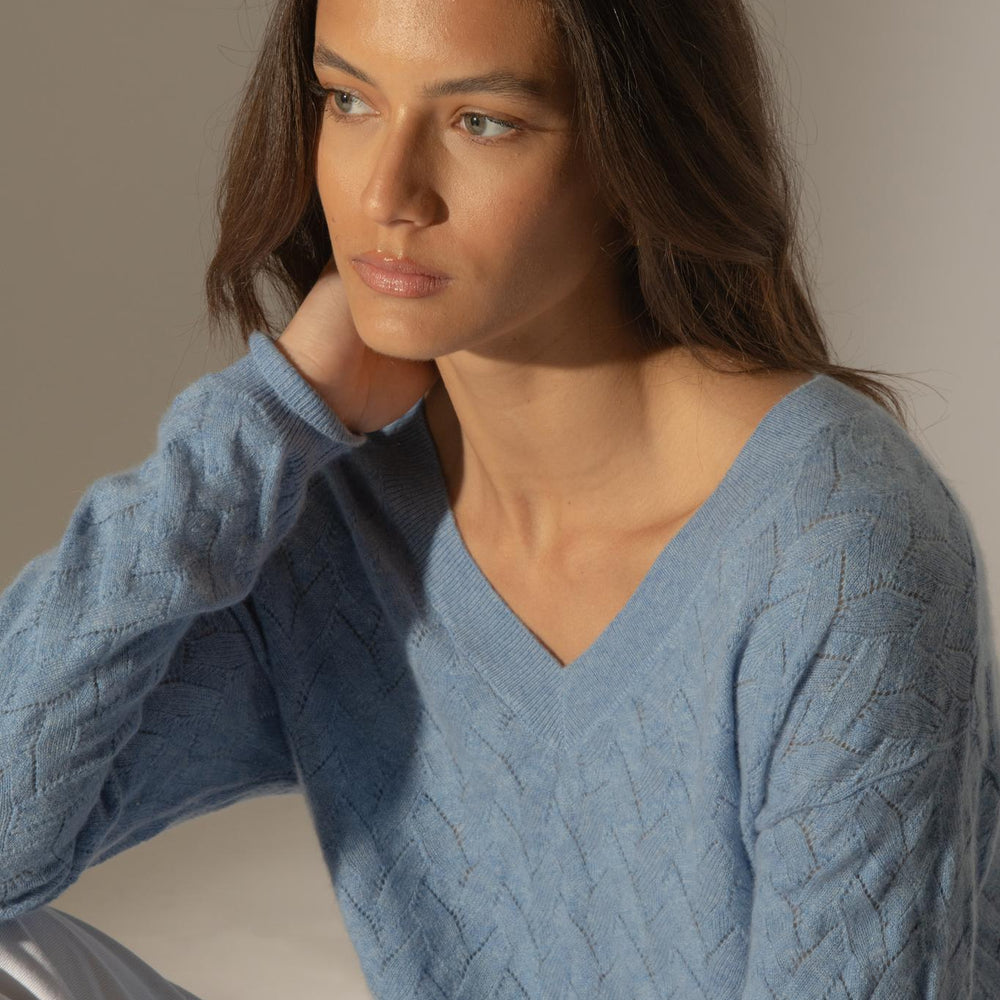 MADISON pull col v sky 100% cachemire