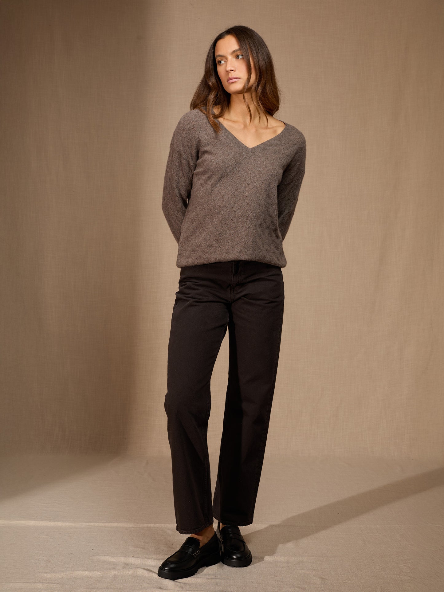 MADISON pull col v taupe chiné 100% cachemire