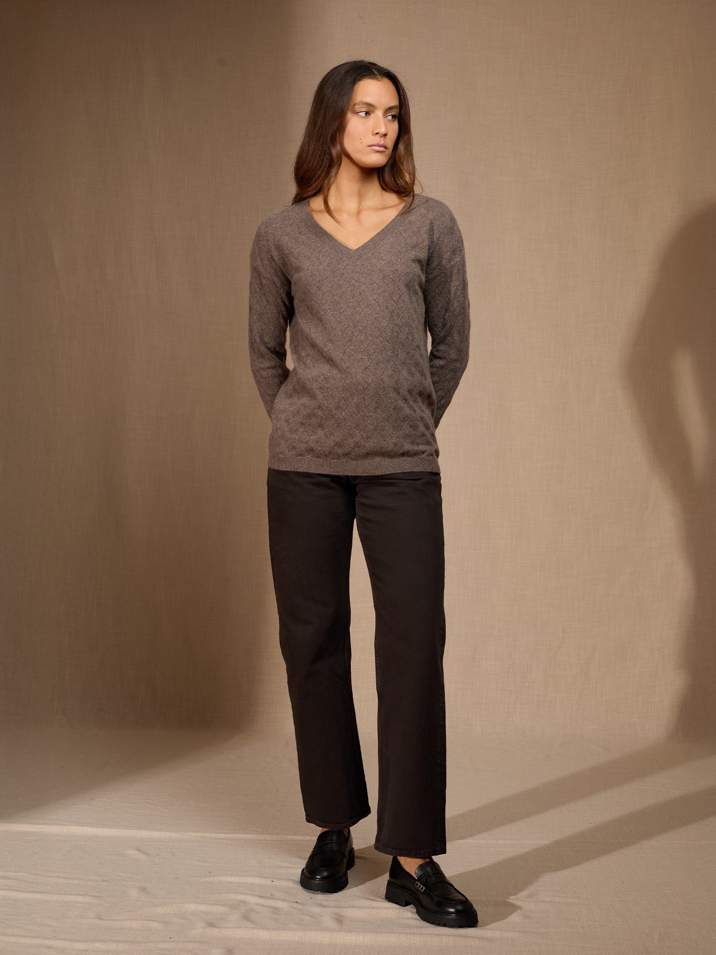 MADISON pull col v taupe chiné 100% cachemire