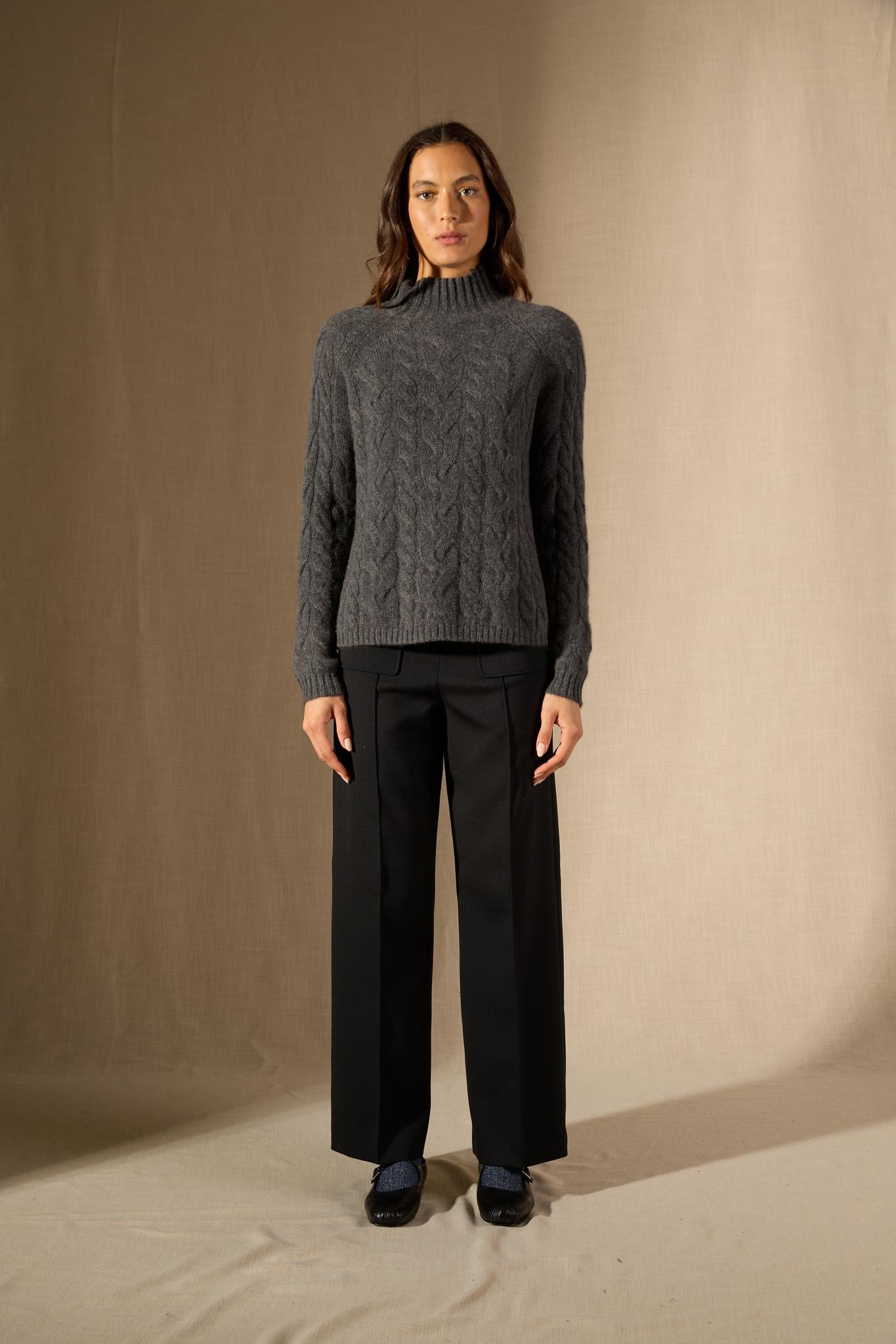 MAIREAD pull col montant 6 fils anthracite chiné 100% cachemire