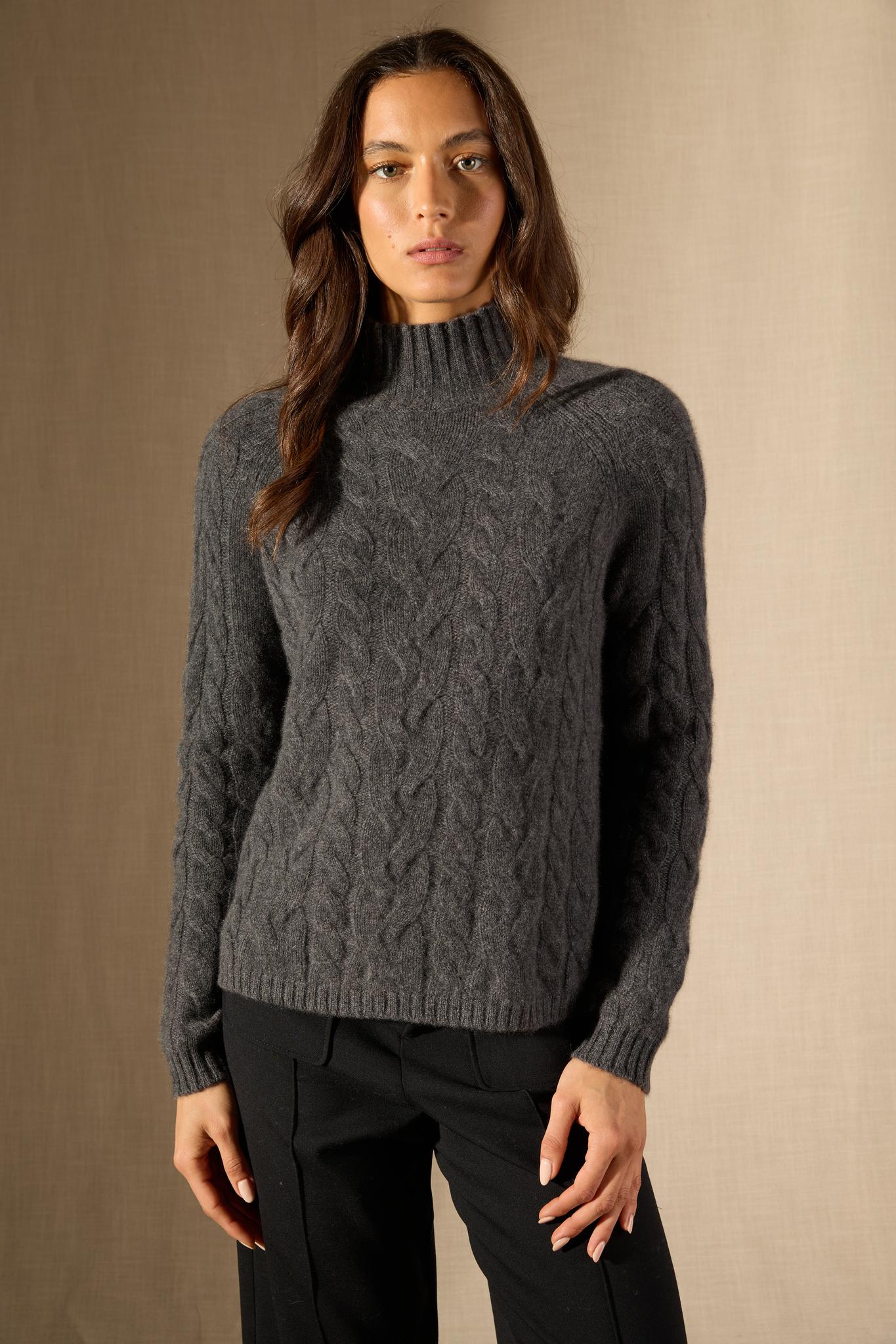 MAIREAD pull col montant 6 fils anthracite chiné 100% cachemire
