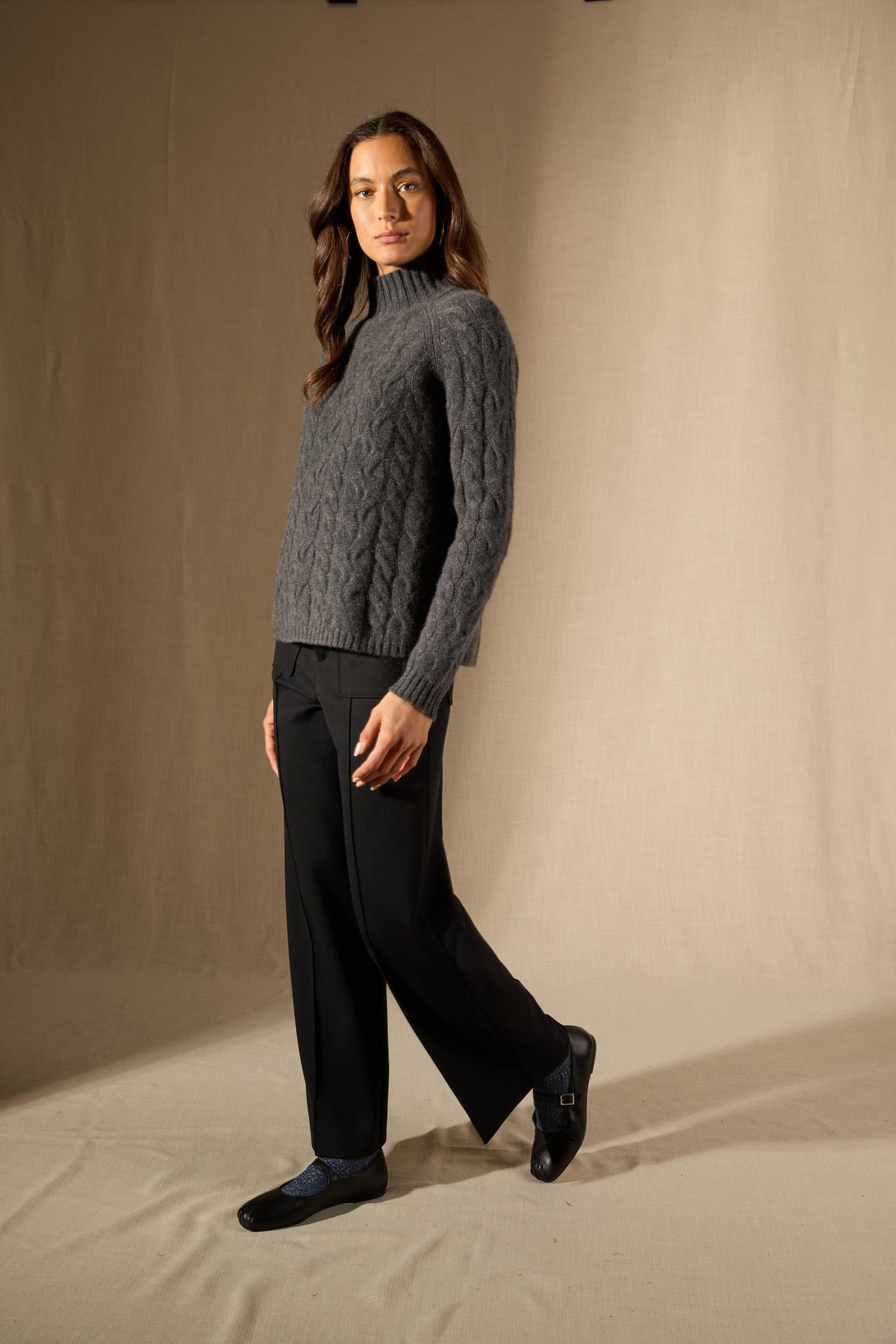 MAIREAD pull col montant 6 fils anthracite chiné 100% cachemire
