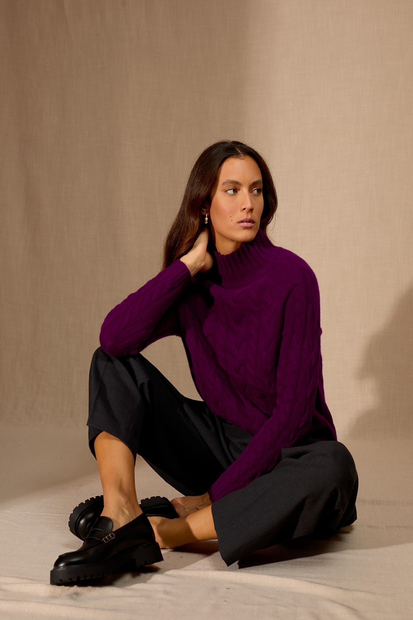 mairead pull col montant 6 fils prune 100% cachemire
