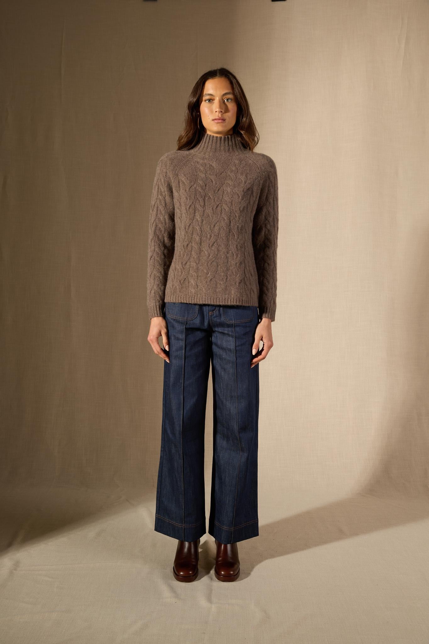 MAIREAD pull col montant 6 fils taupe chiné 100% cachemire