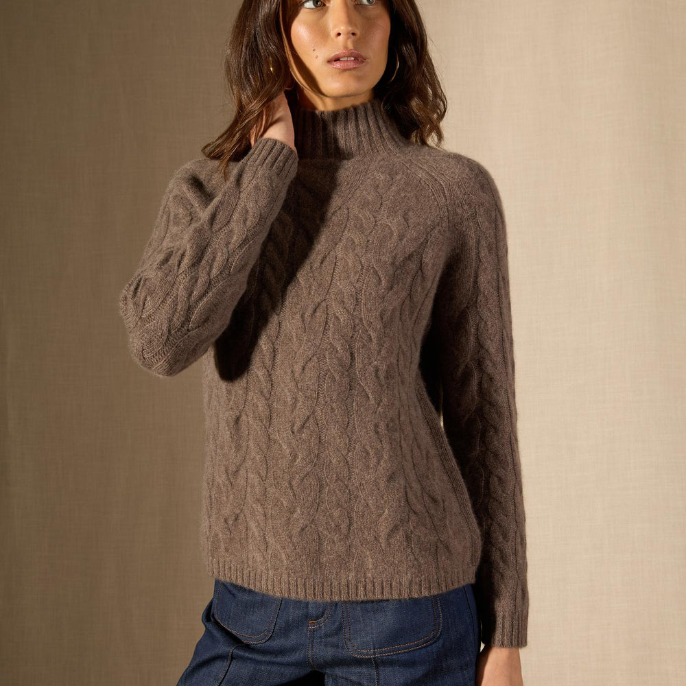 MAIREAD pull col montant 6 fils taupe chiné 100% cachemire