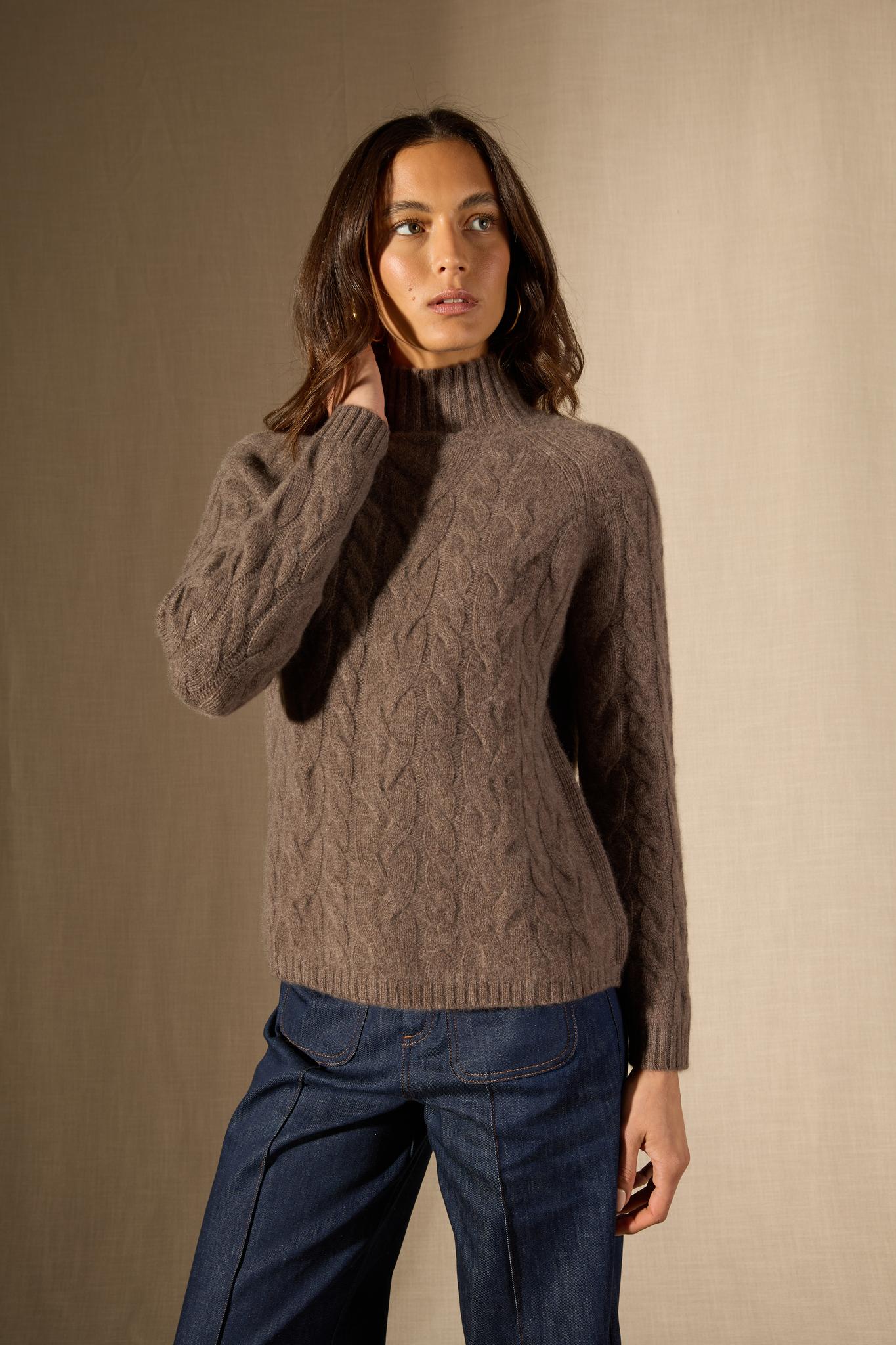 MAIREAD pull col montant 6 fils taupe chiné 100% cachemire