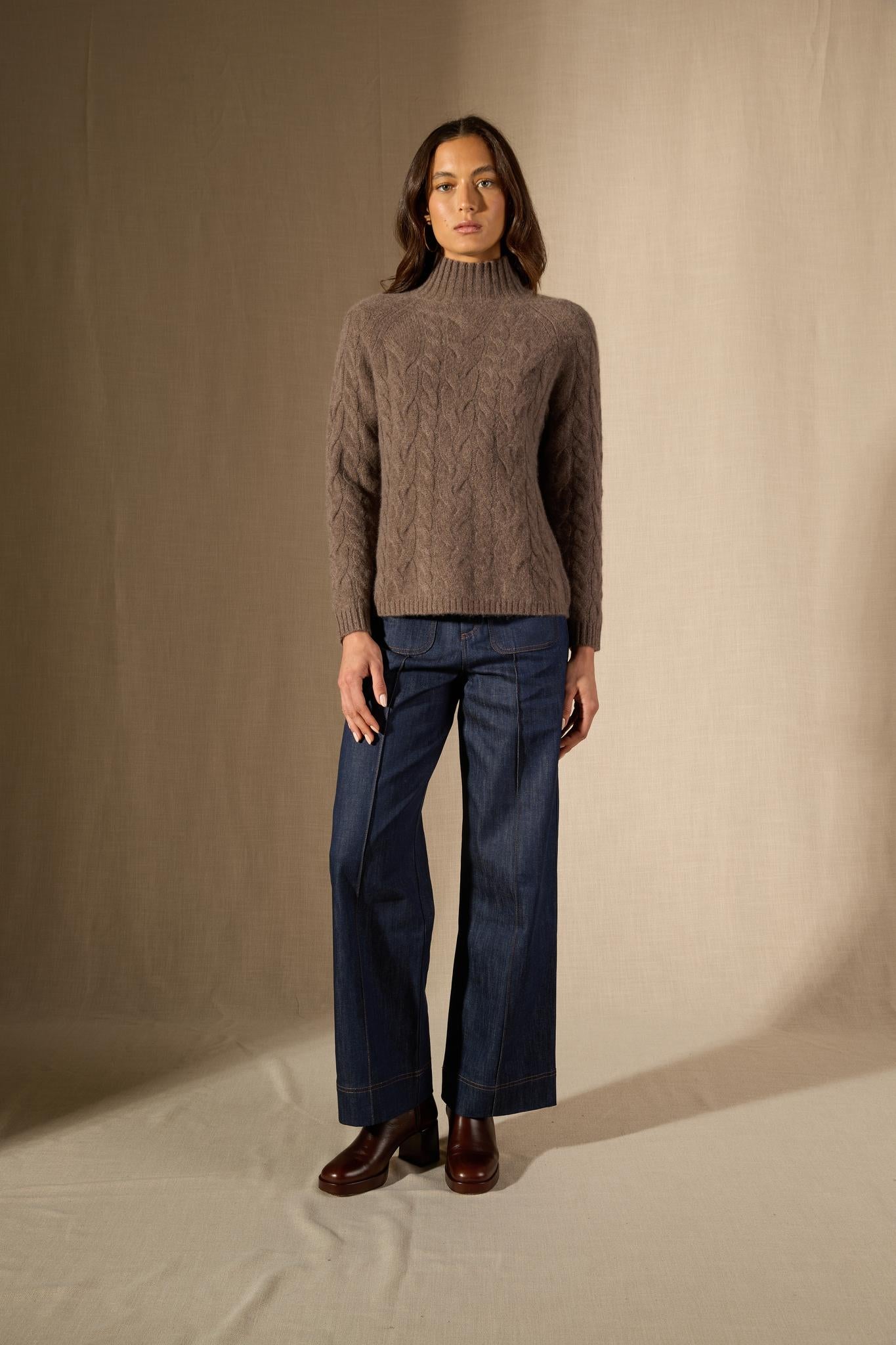 MAIREAD pull col montant 6 fils taupe chiné 100% cachemire