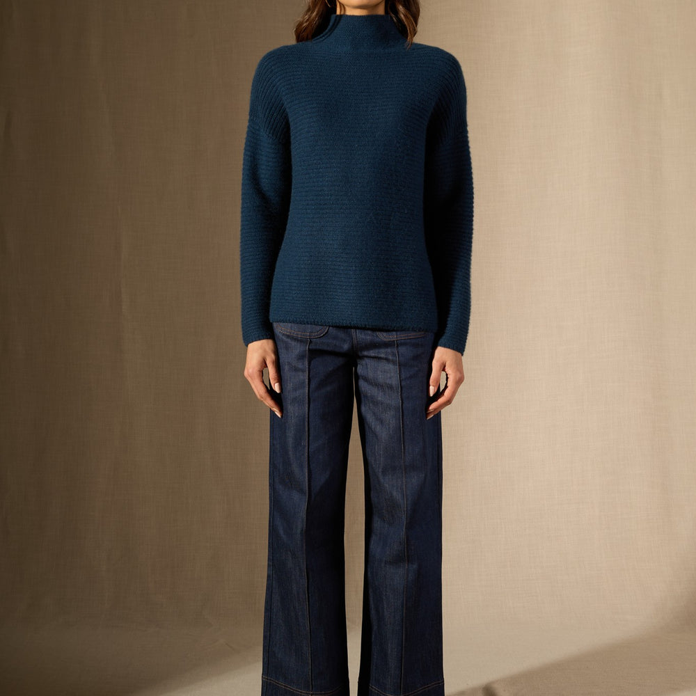 mairos pull col montant 6 fils bleu pétrole 100% cachemire