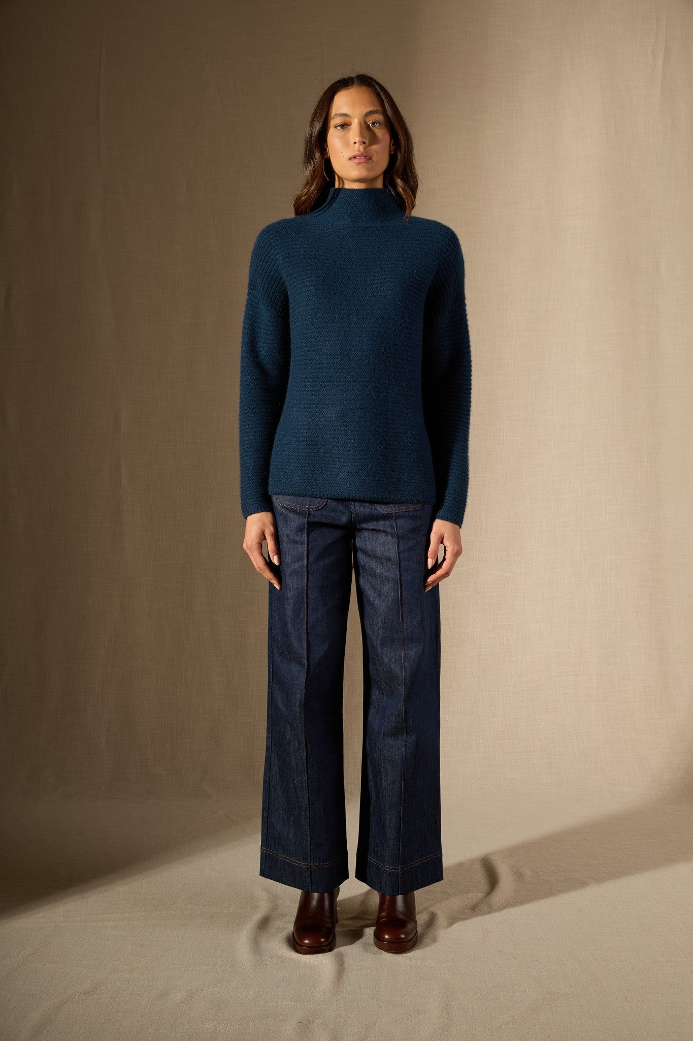 mairos pull col montant 6 fils bleu pétrole 100% cachemire