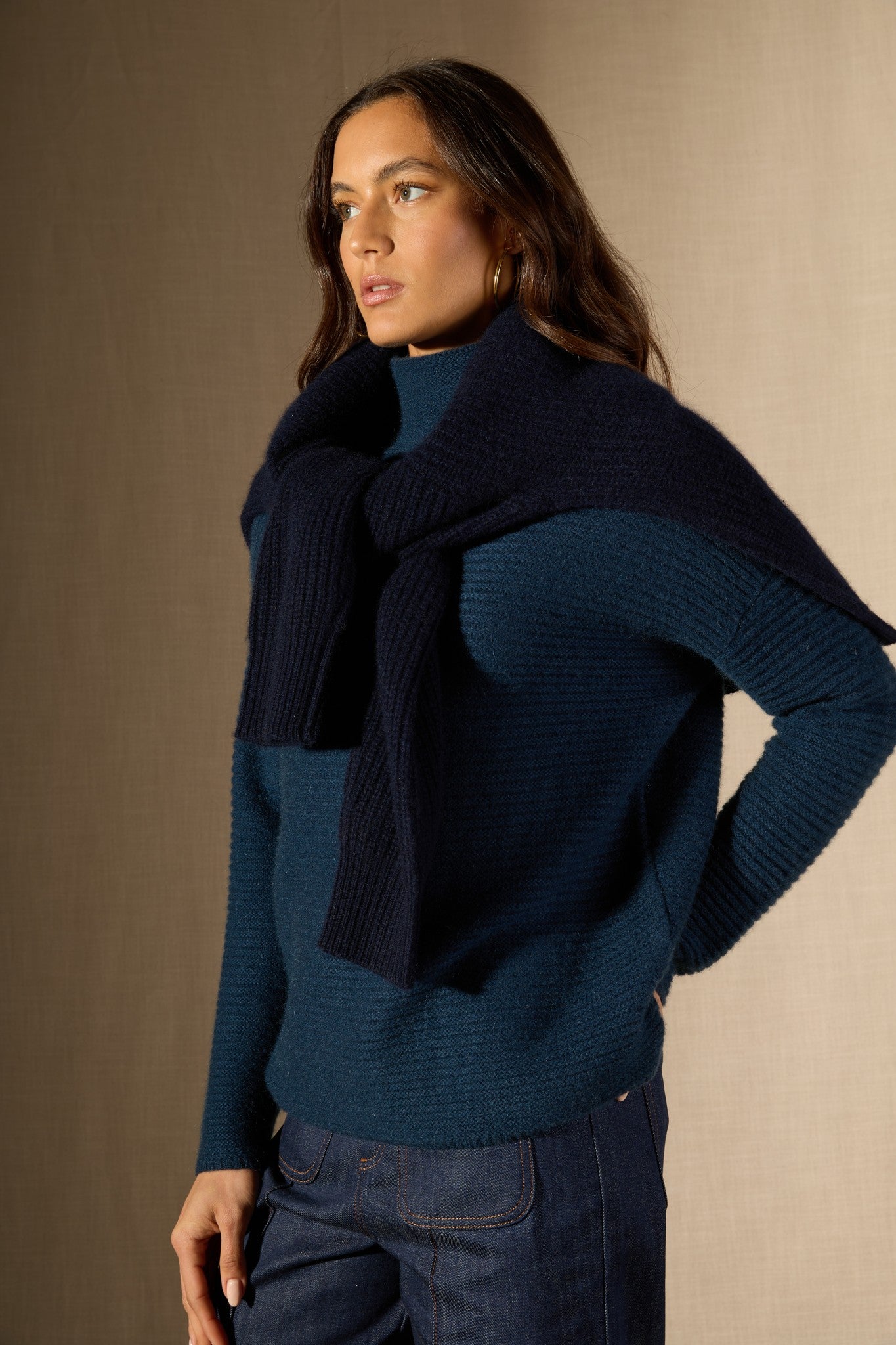 mairos pull col montant 6 fils bleu pétrole 100% cachemire