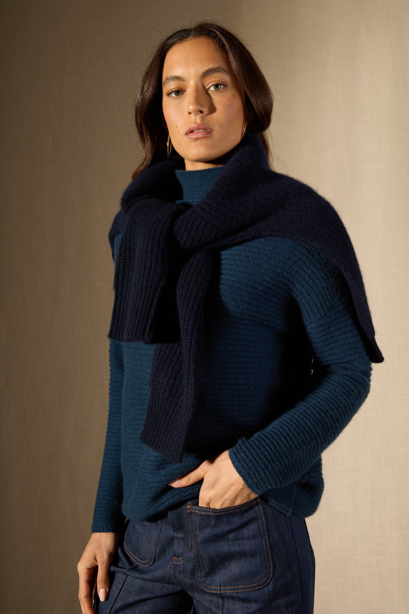 mairos pull col montant 6 fils bleu pétrole 100% cachemire