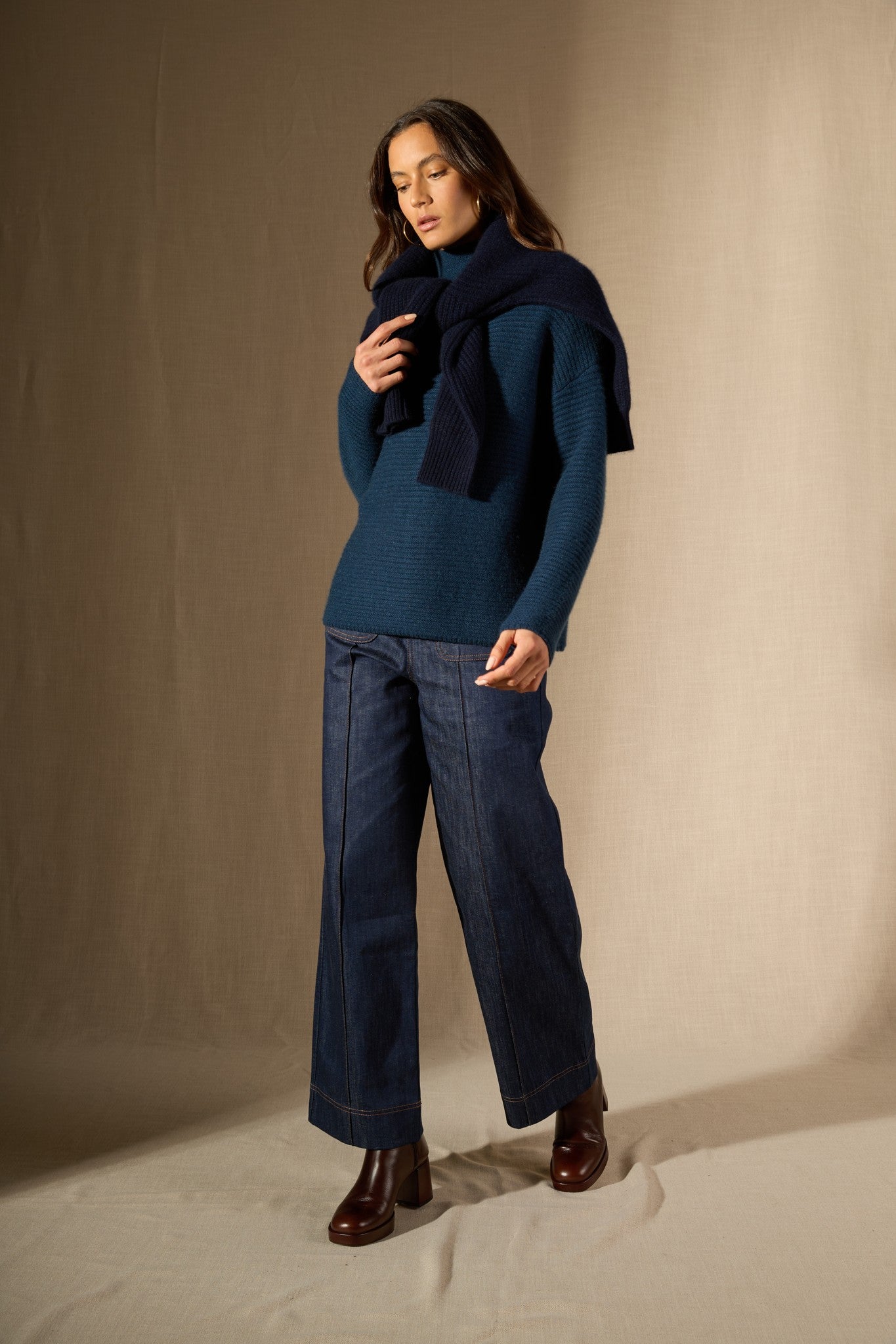 mairos pull col montant 6 fils bleu pétrole 100% cachemire