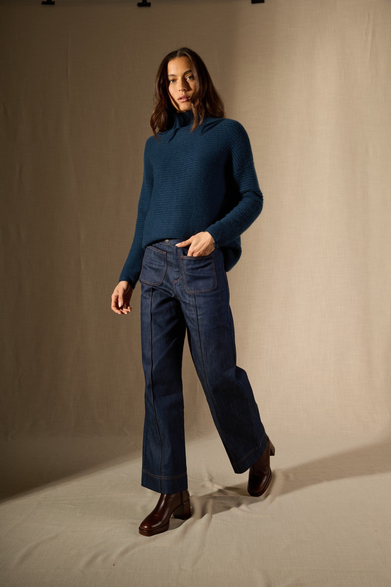 mairos pull col montant 6 fils bleu pétrole 100% cachemire