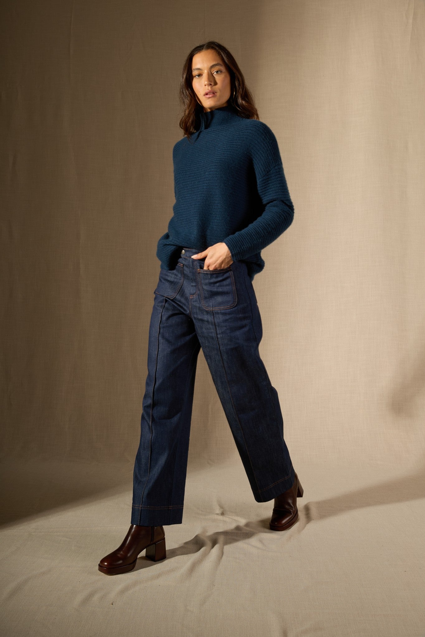 mairos pull col montant 6 fils bleu pétrole 100% cachemire