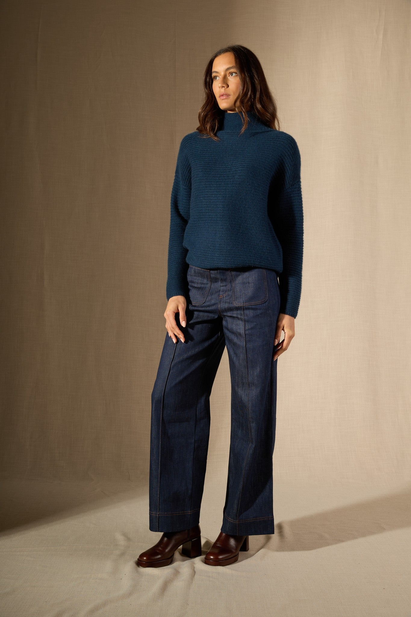 mairos pull col montant 6 fils bleu pétrole 100% cachemire