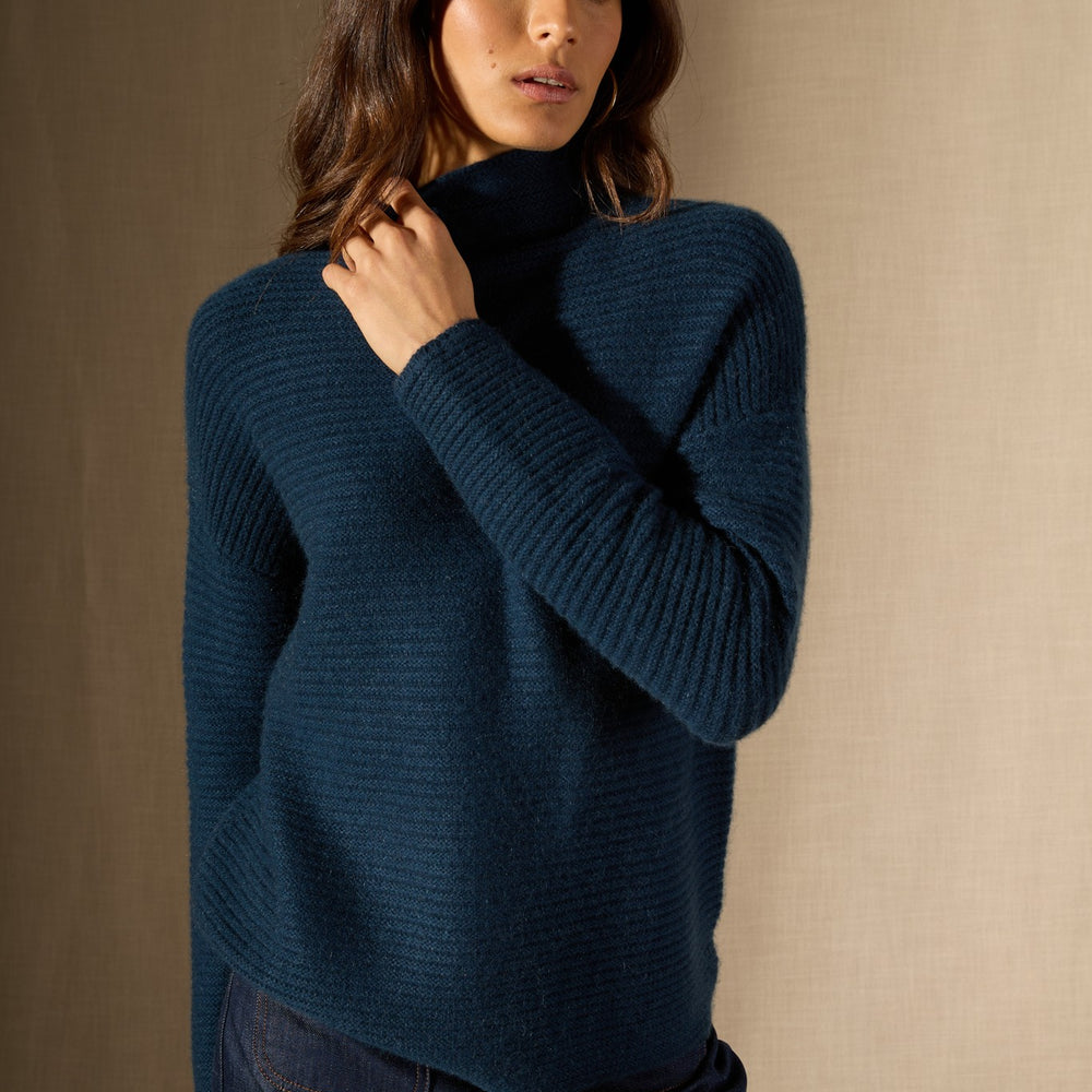 mairos pull col montant 6 fils bleu pétrole 100% cachemire