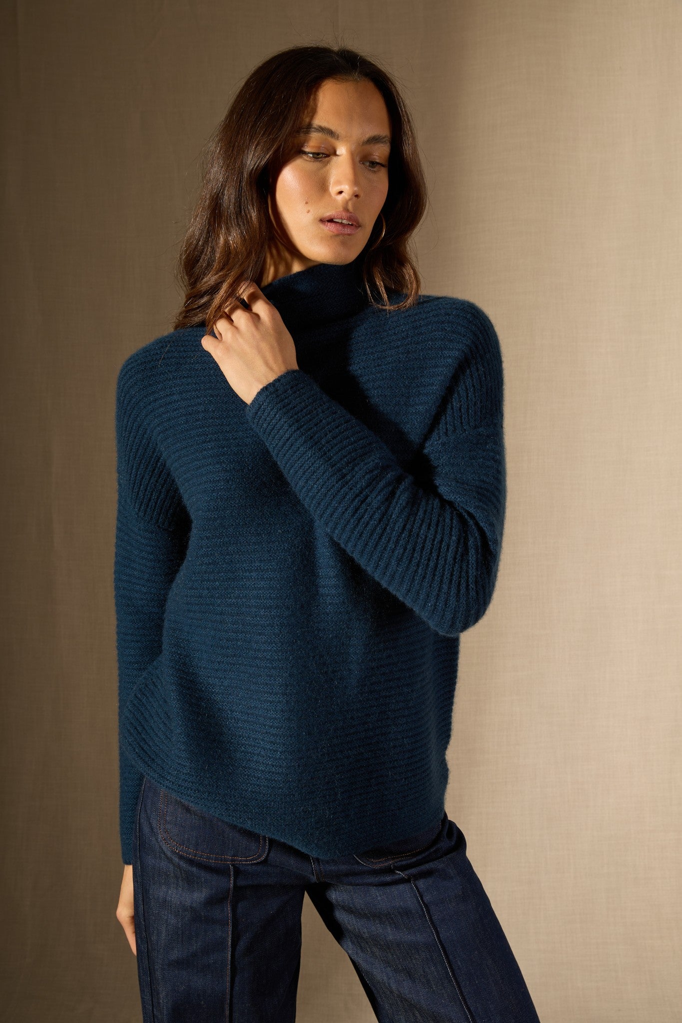 mairos pull col montant 6 fils bleu pétrole 100% cachemire