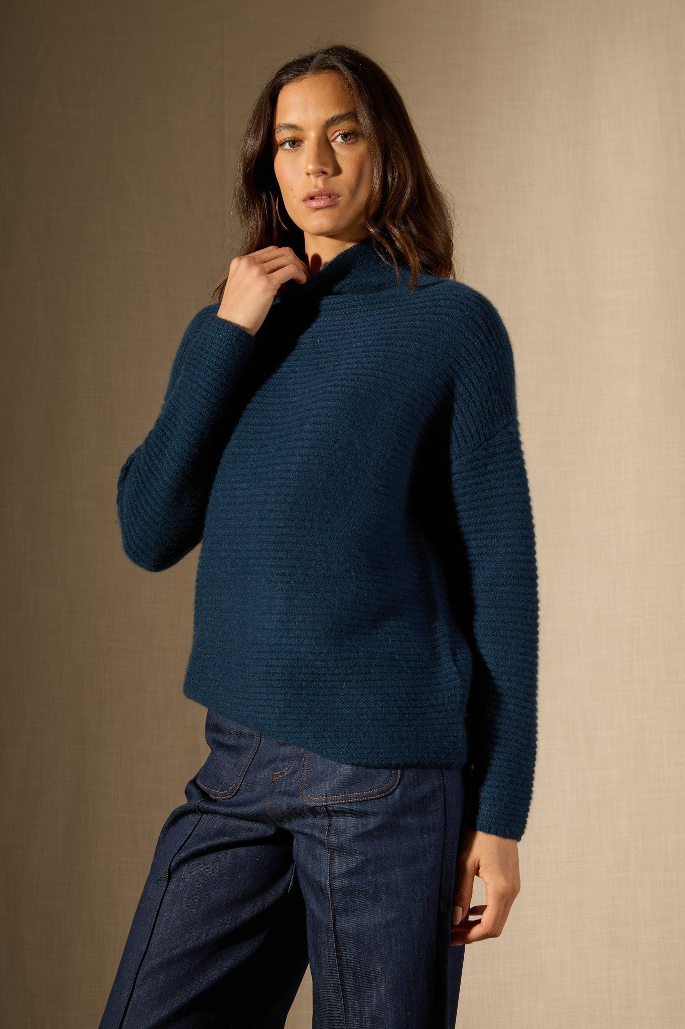 mairos pull col montant 6 fils bleu pétrole 100% cachemire