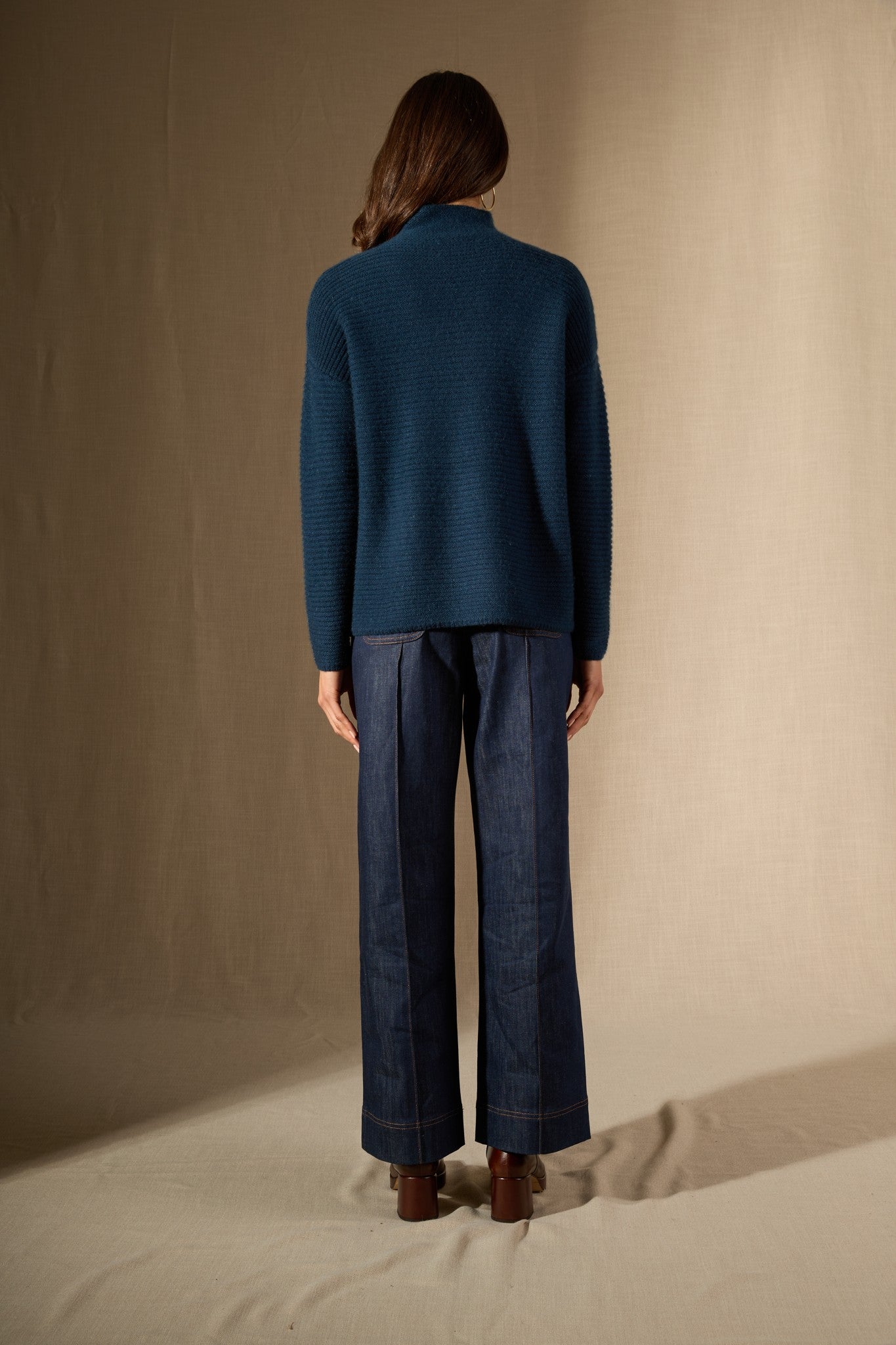 mairos pull col montant 6 fils bleu pétrole 100% cachemire