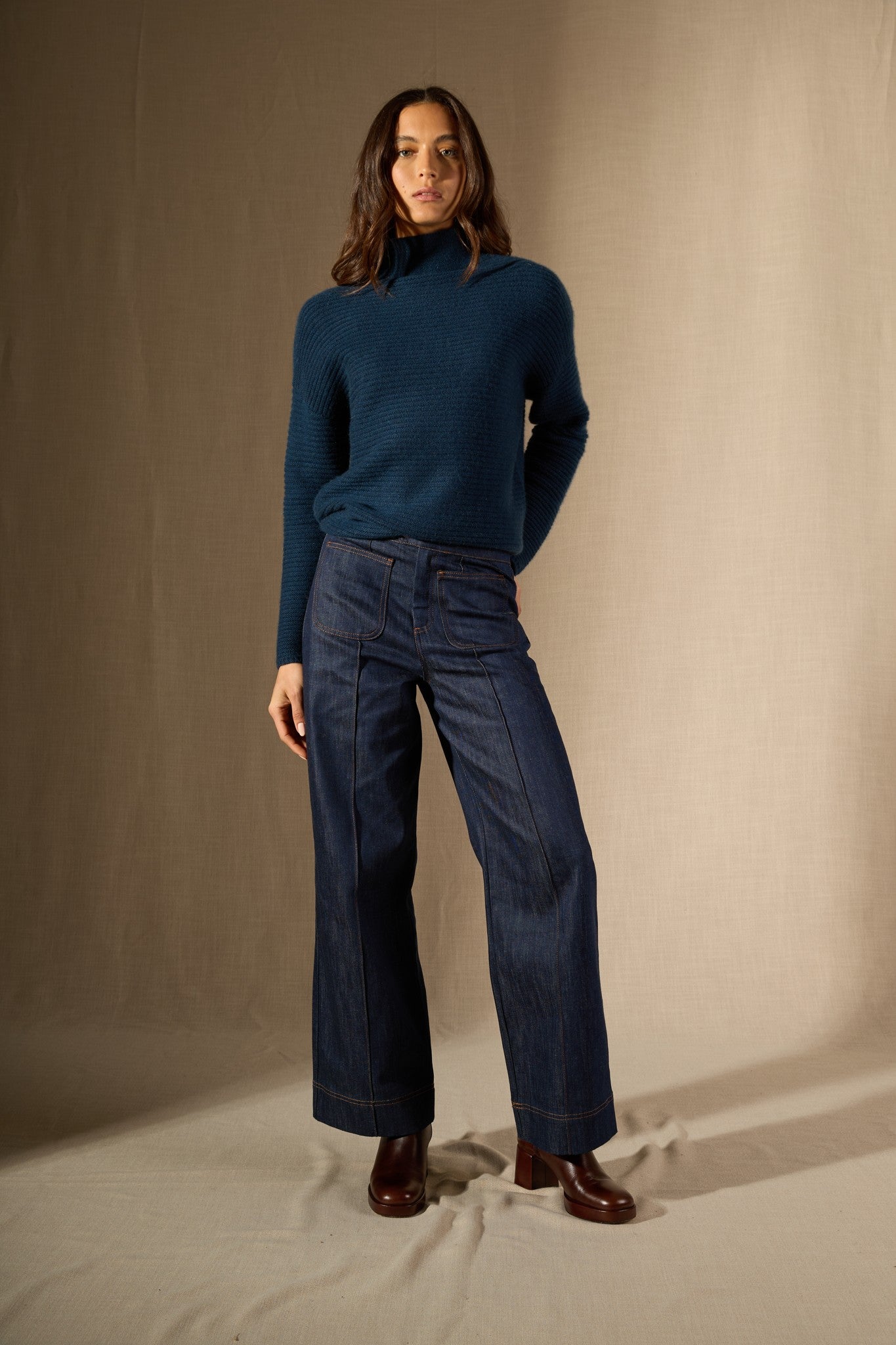 mairos pull col montant 6 fils bleu pétrole 100% cachemire