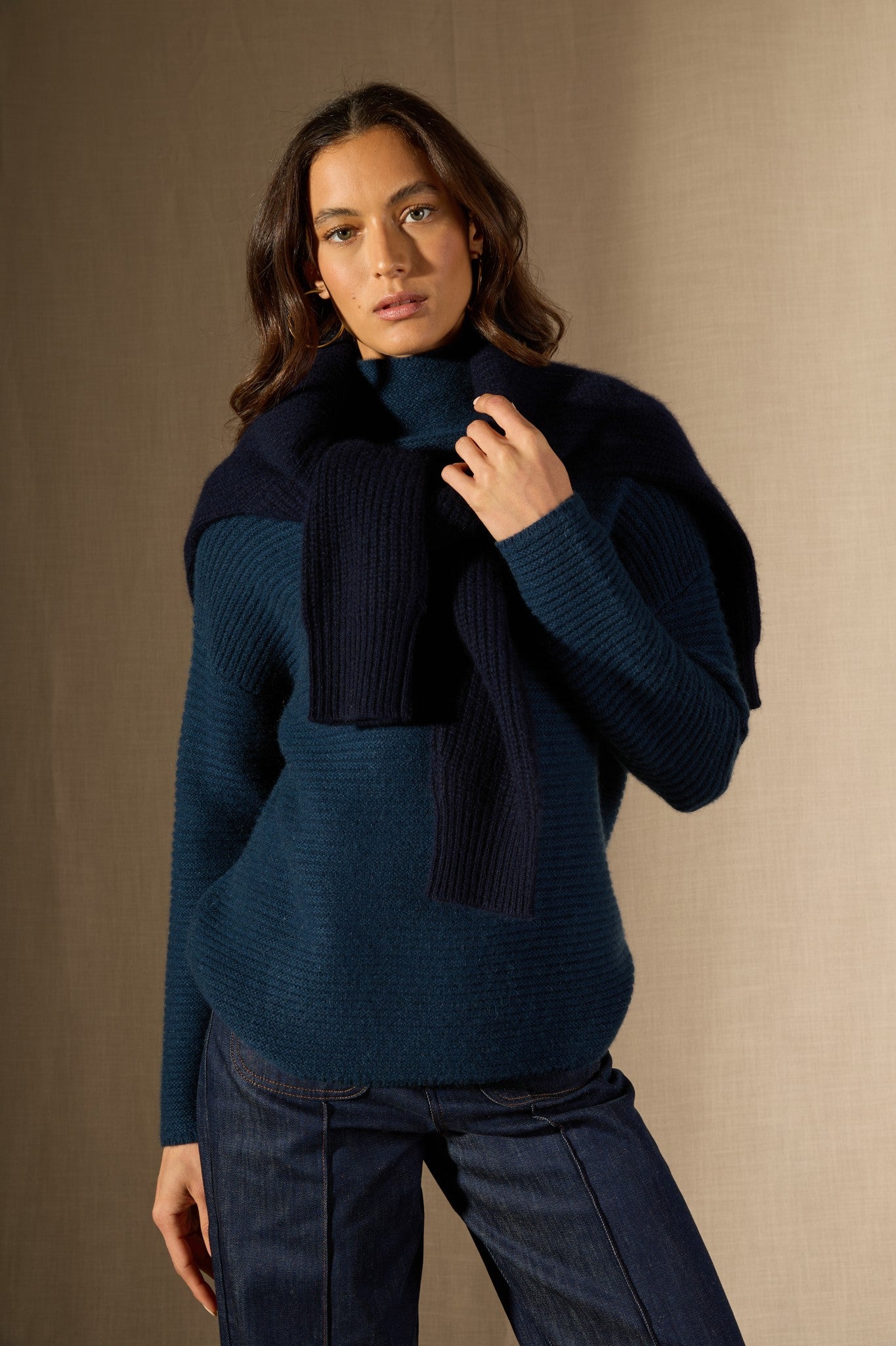 mairos pull col montant 6 fils bleu pétrole 100% cachemire