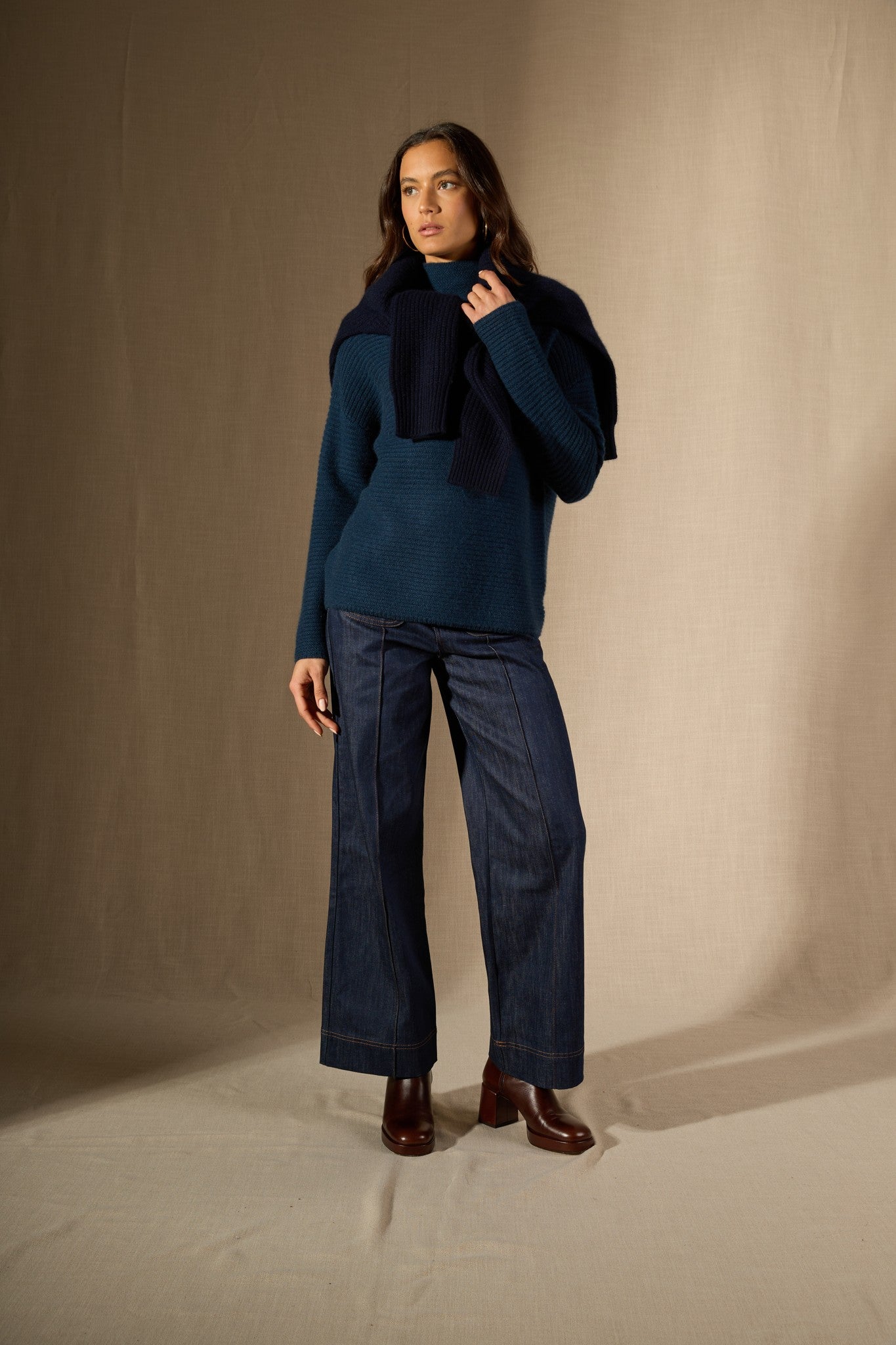 mairos pull col montant 6 fils bleu pétrole 100% cachemire