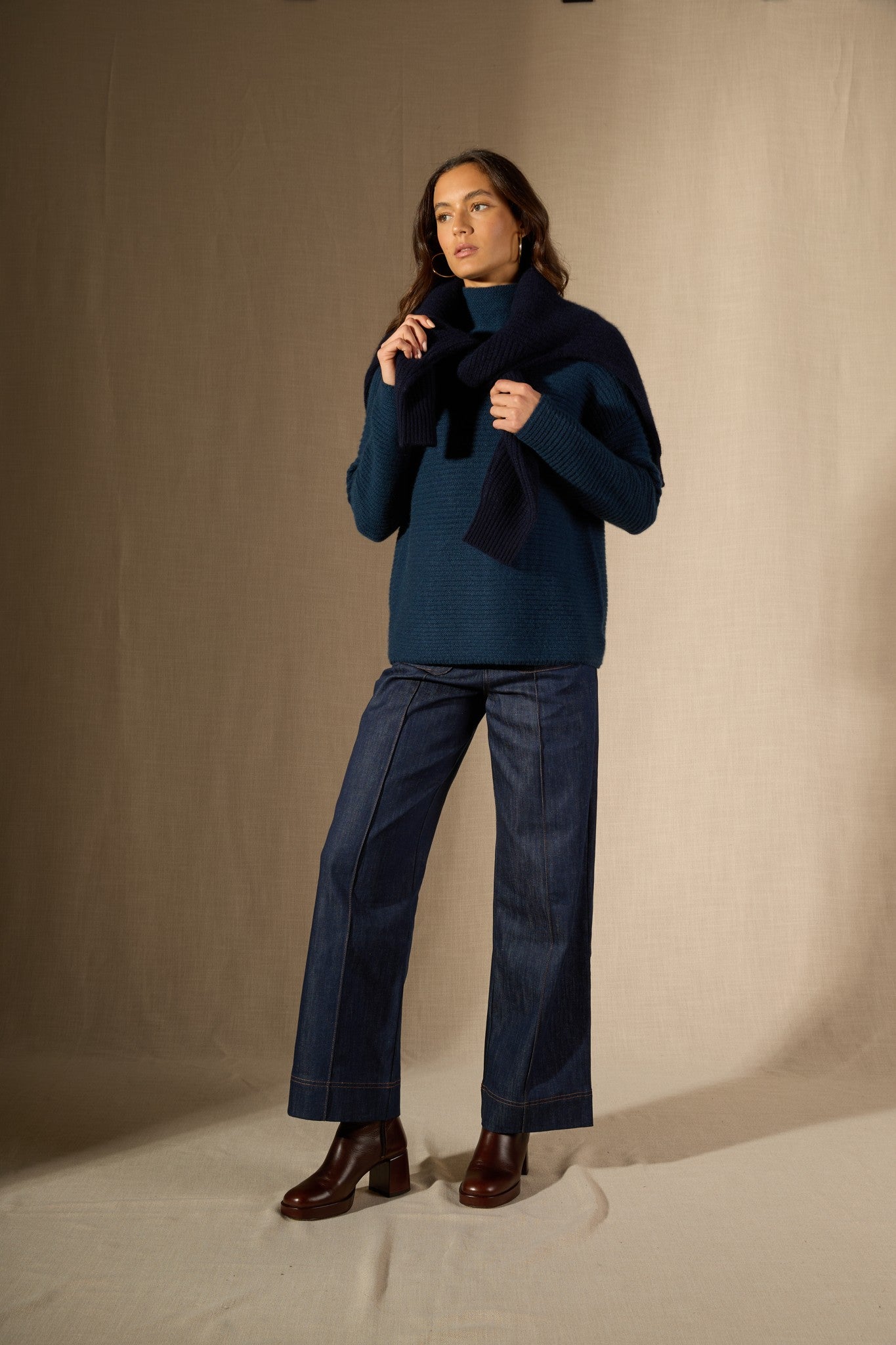 mairos pull col montant 6 fils bleu pétrole 100% cachemire