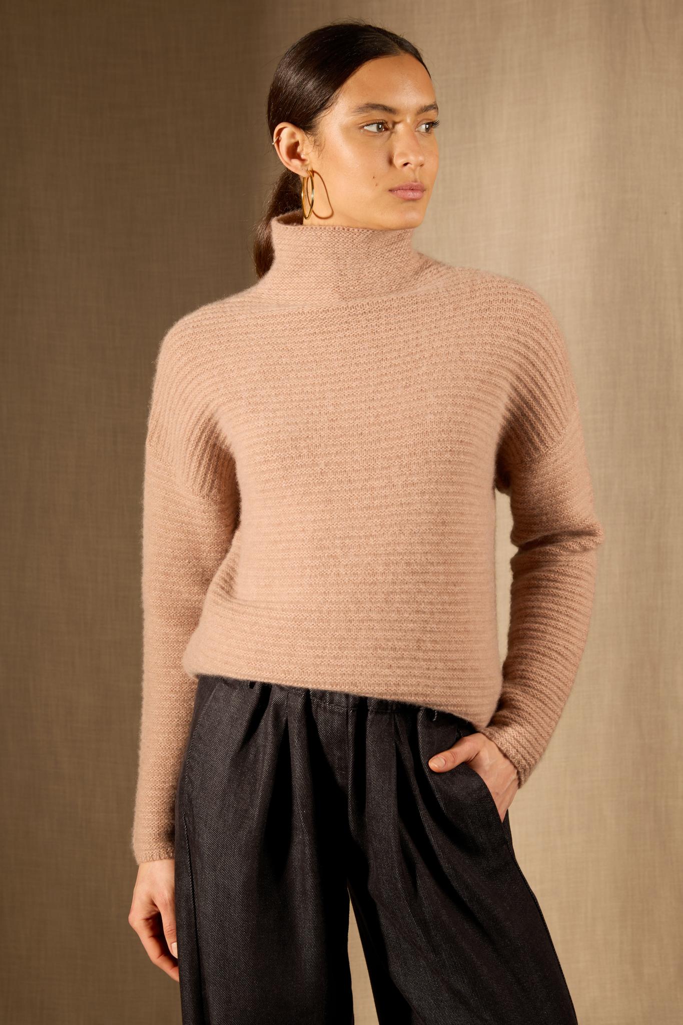 MAIROS pull col montant 6 fils camel chiné 100% cachemire