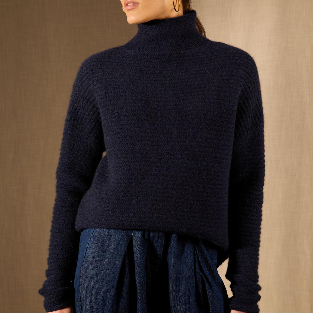MAIROS pull col montant 6 fils navy 100% cachemire