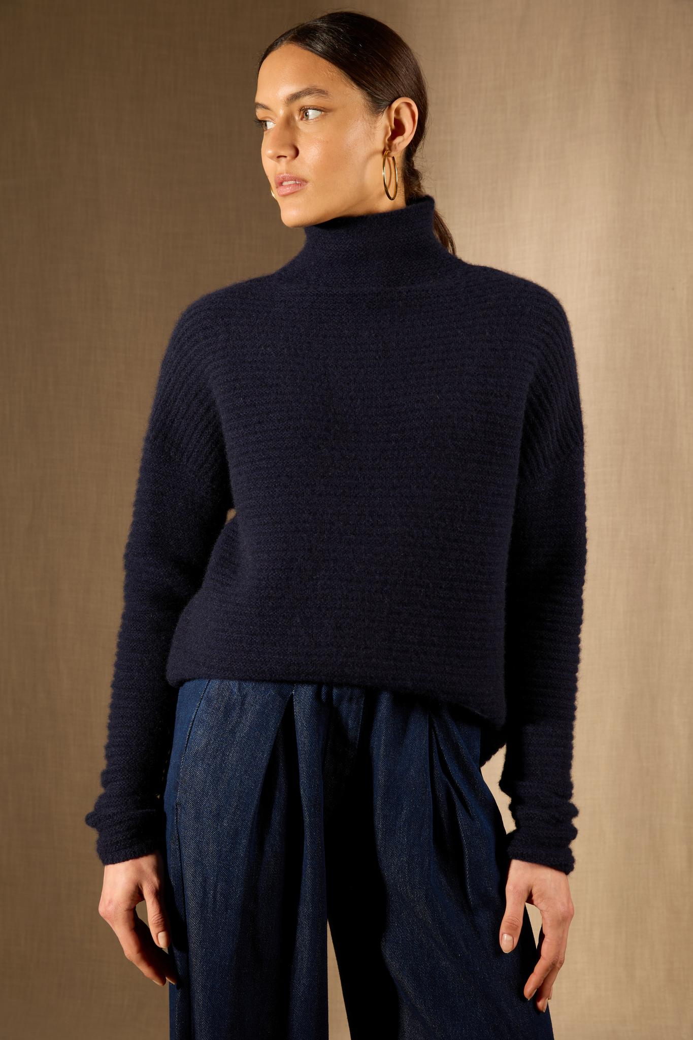 MAIROS pull col montant 6 fils navy 100% cachemire