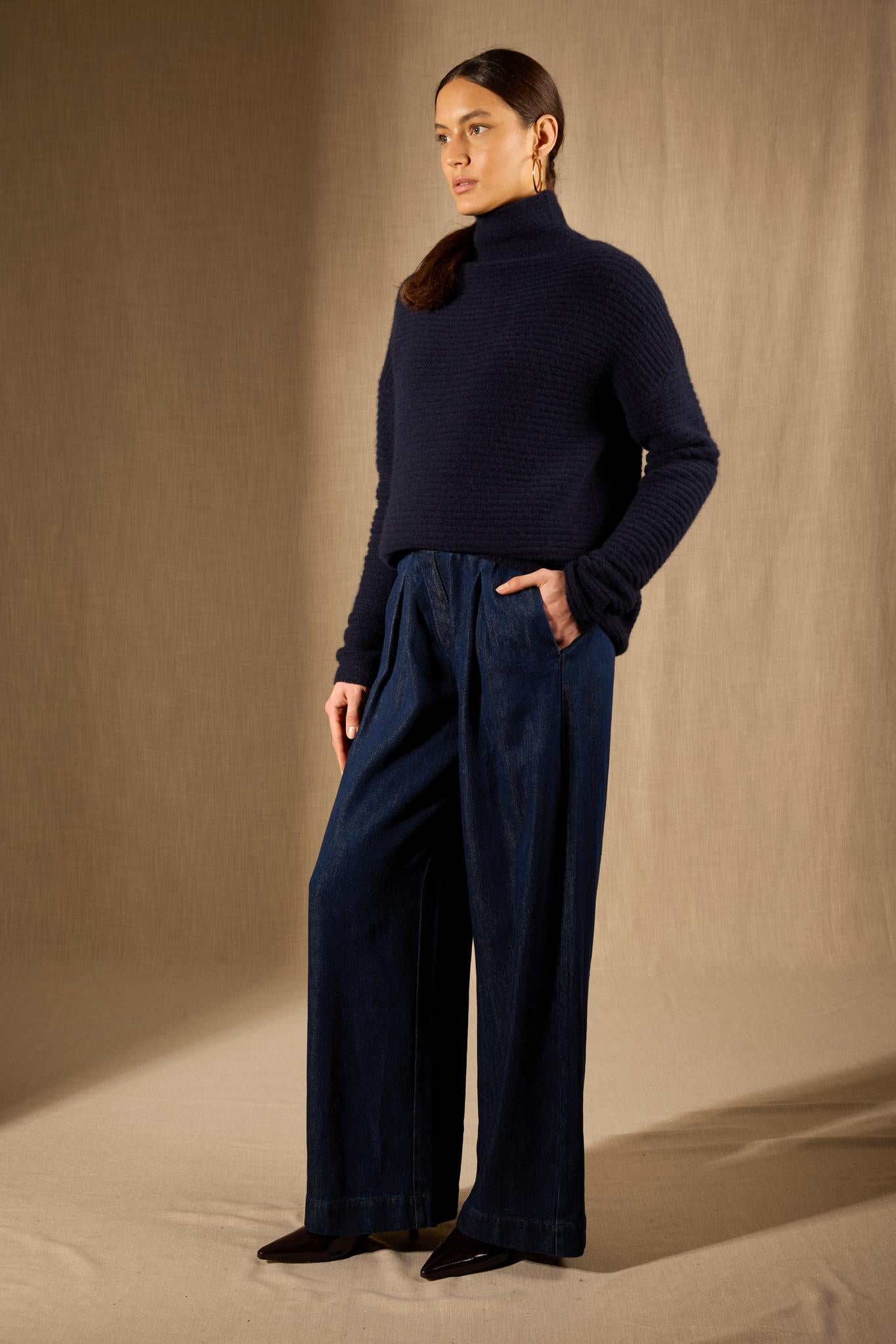 MAIROS pull col montant 6 fils navy 100% cachemire